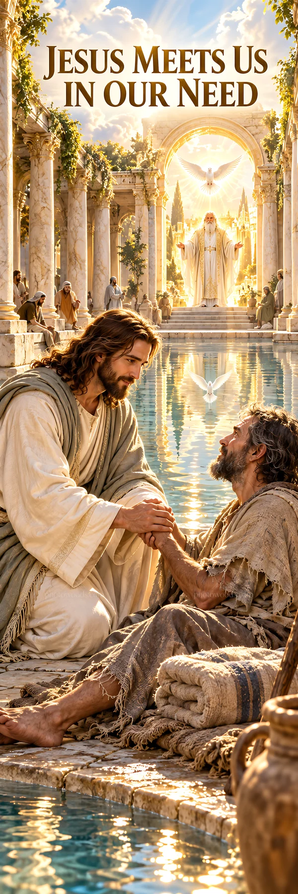 Jesus Christ comforts a suffering man by the water - AI-generated stock image