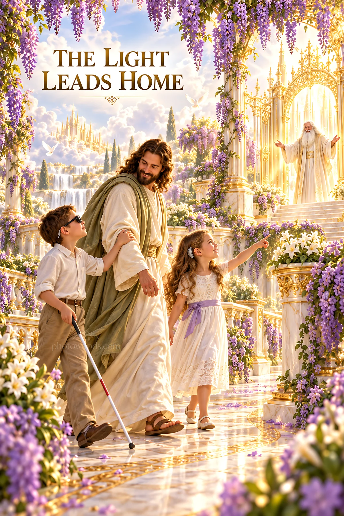 Jesus Christ walking with children in a beautiful garden - AI-generated stock image