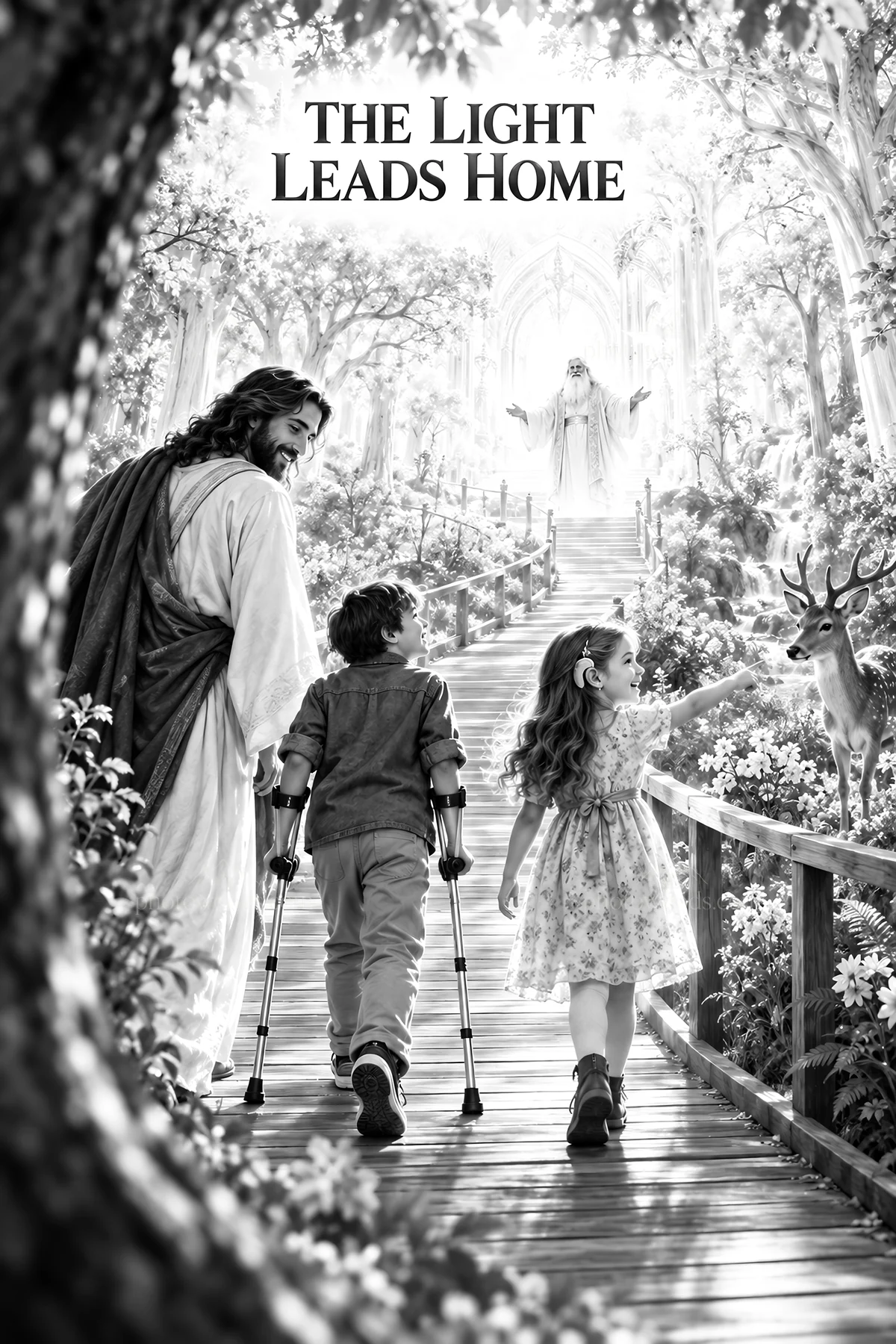 Jesus Christ guiding children on a path in a serene landscape - AI-generated stock image