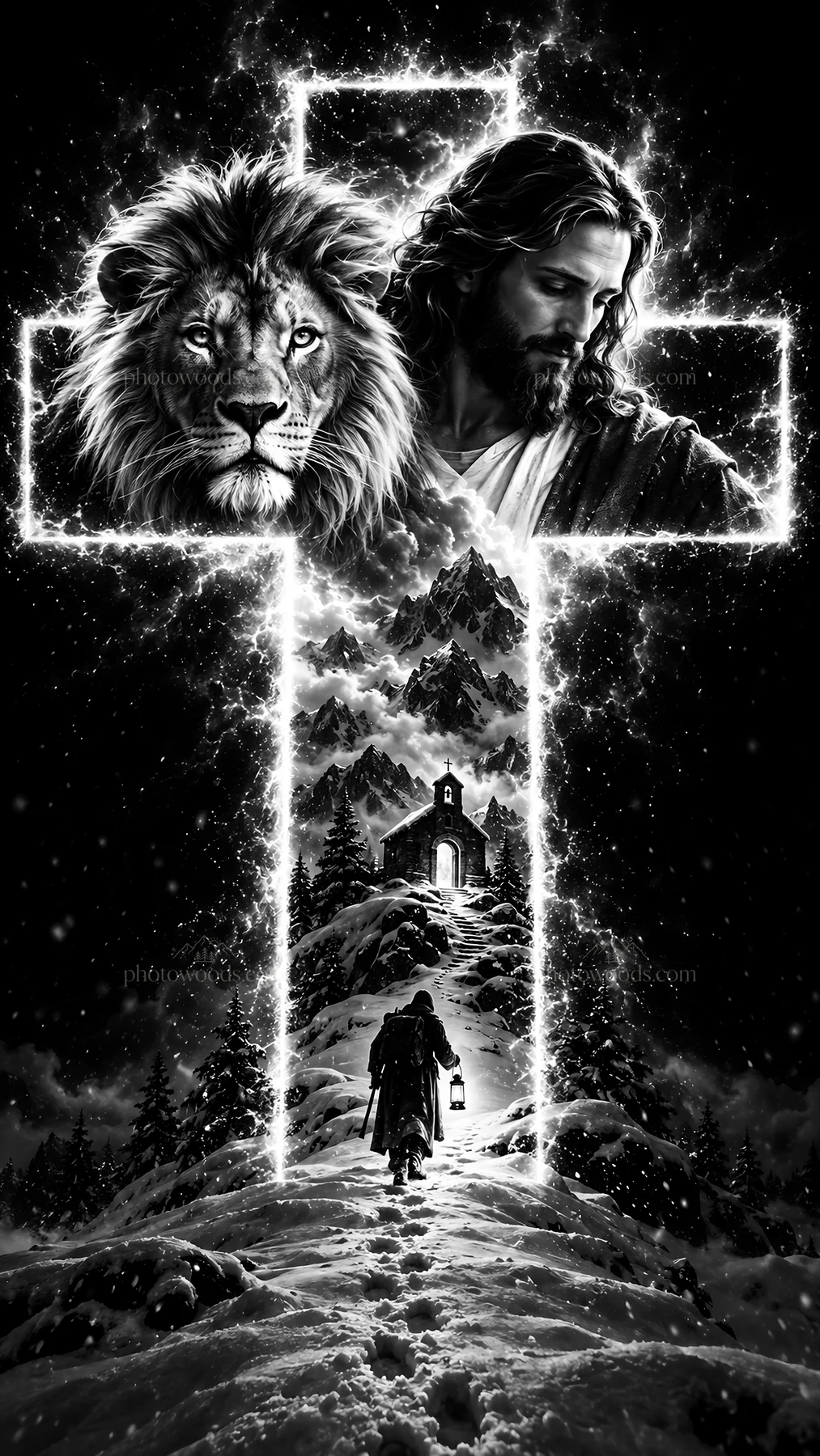 Jesus Christ walking toward a church with a lion and cross - AI-generated stock image