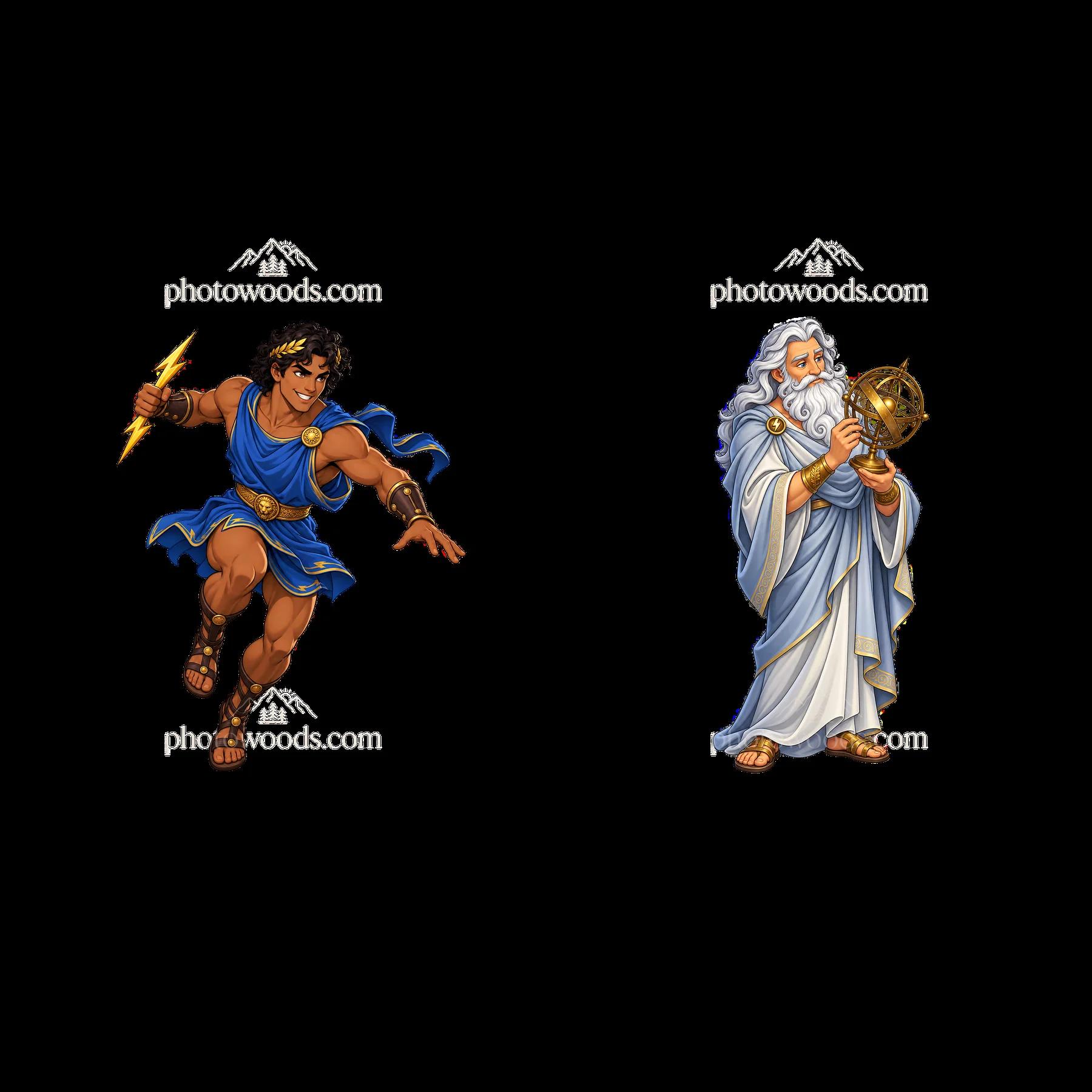 Zeus and Hercules cartoon sticker set with dynamic poses - AI-generated stock image