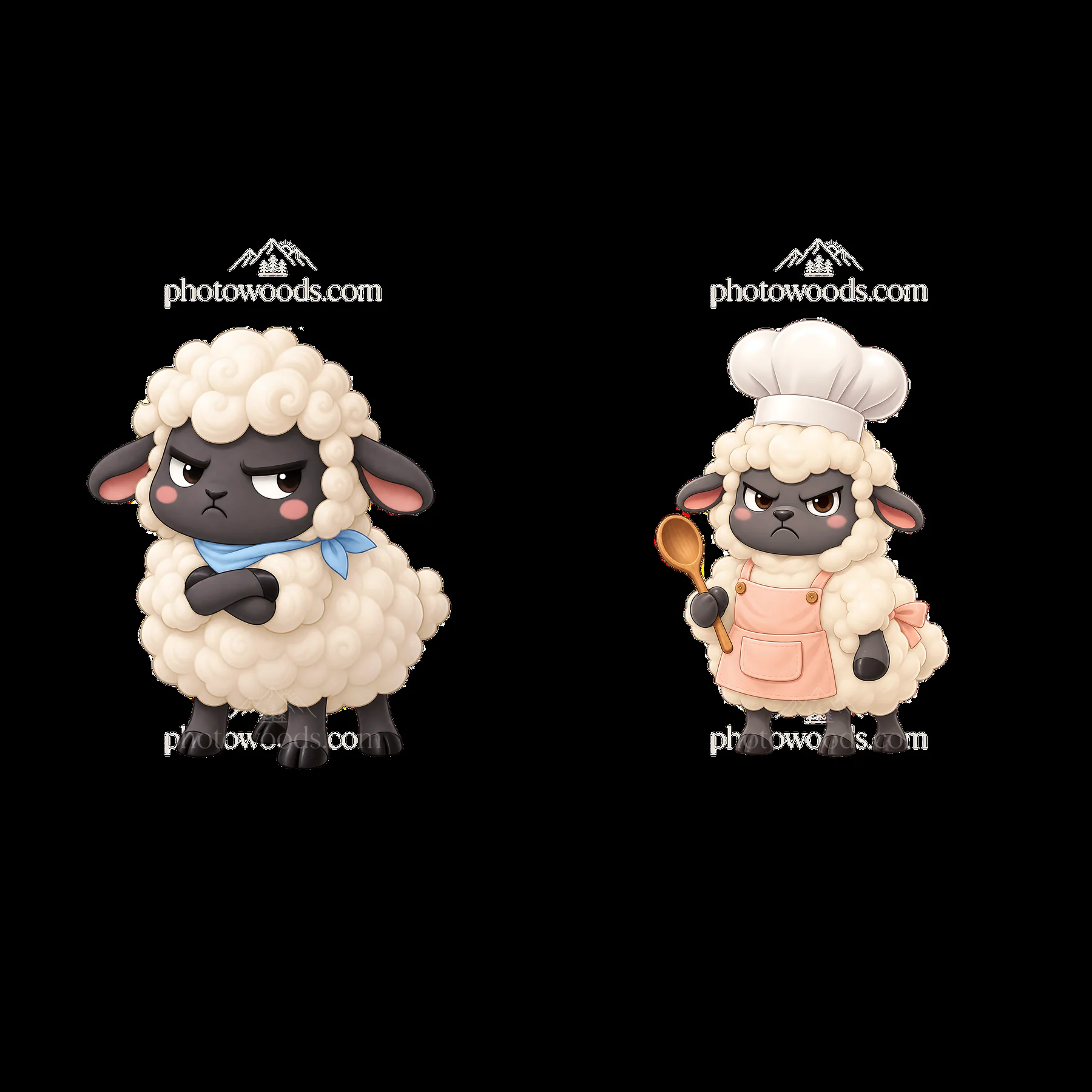 Kawaii grumpy sheep characters with chef and casual attire - AI-generated stock image