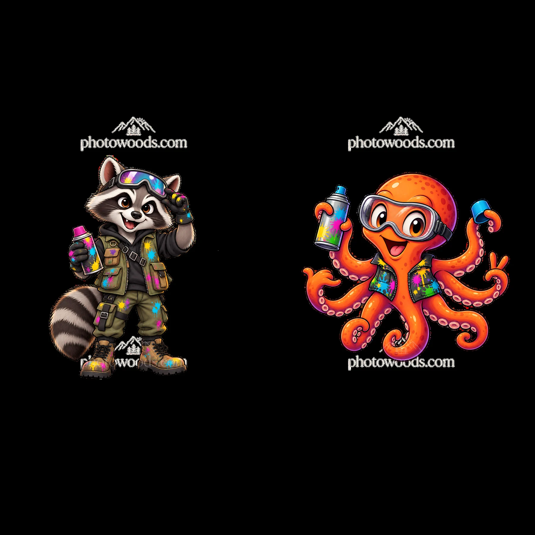 Raccoon and octopus graffiti sprayers with spray paint bottles - AI-generated stock image