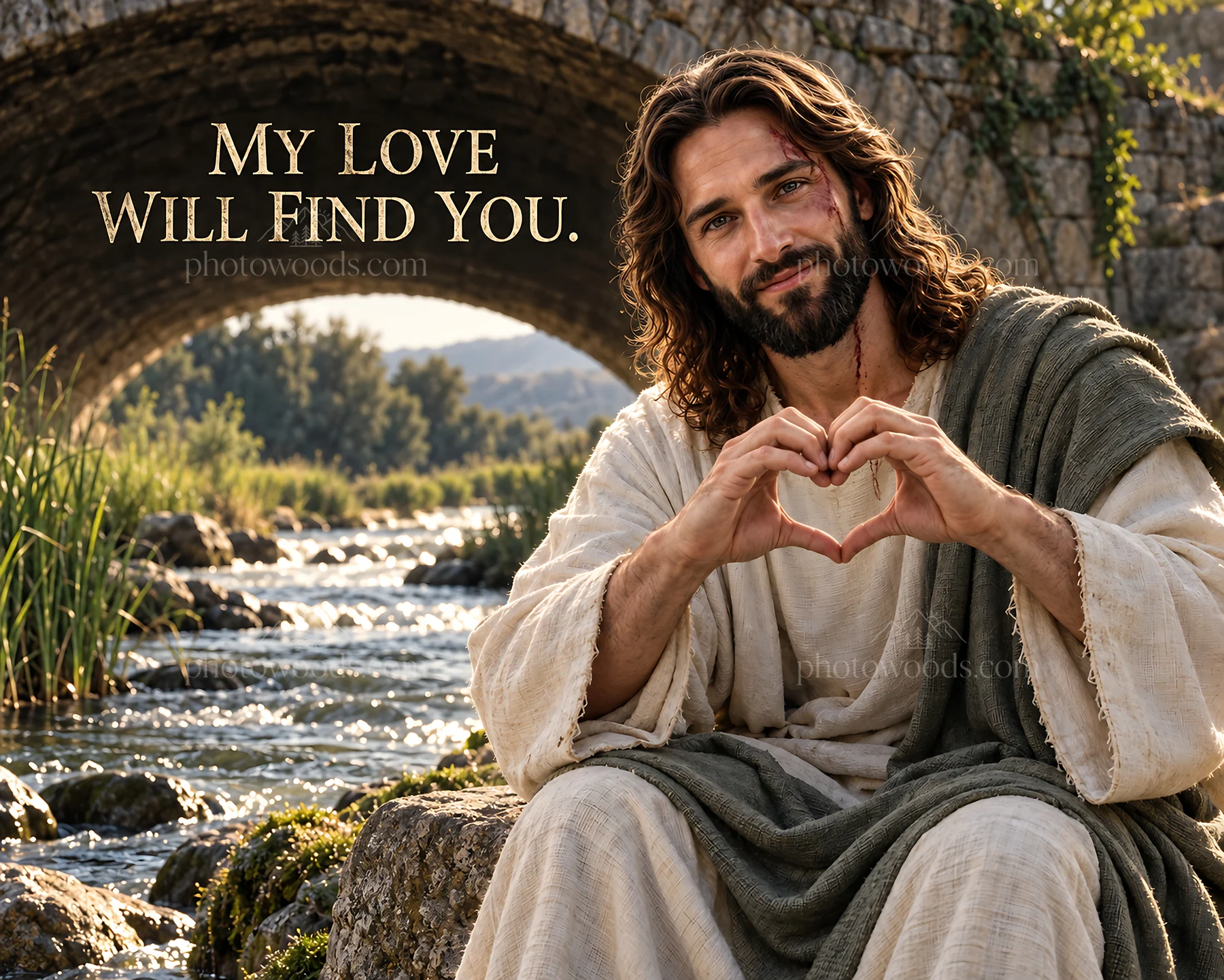 Jesus Christ offers love by the river - AI-generated stock image