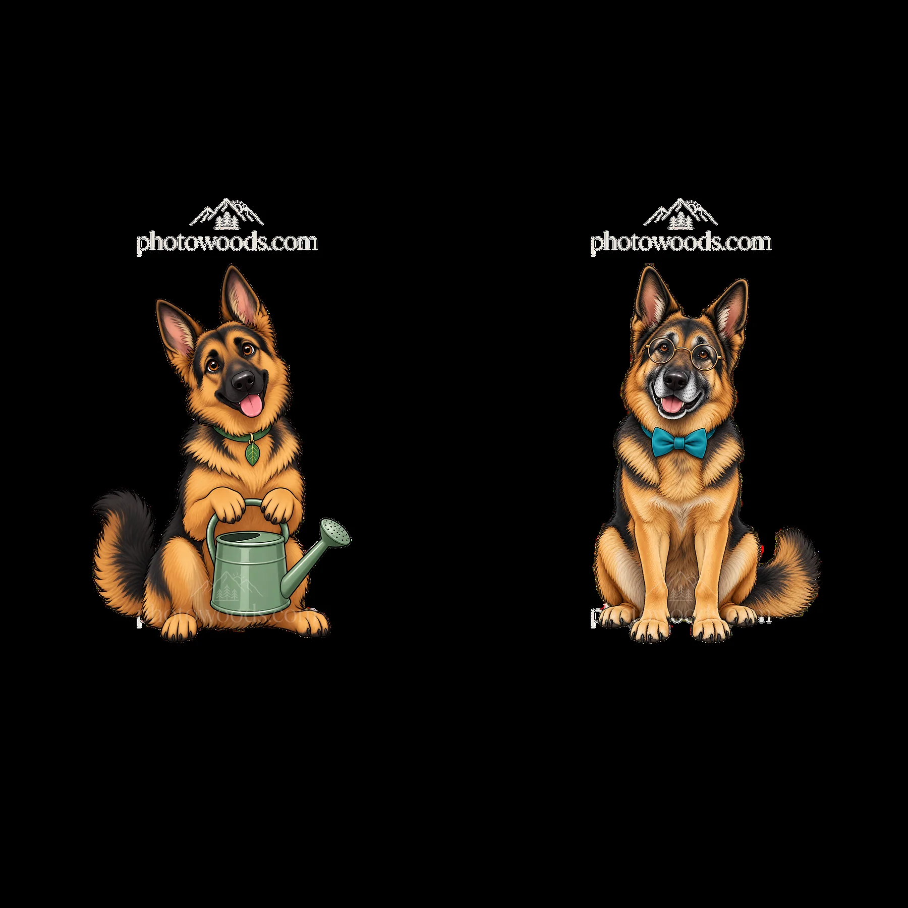 Two cartoon German Shepherd dogs with watering can and bow tie - AI-generated stock image