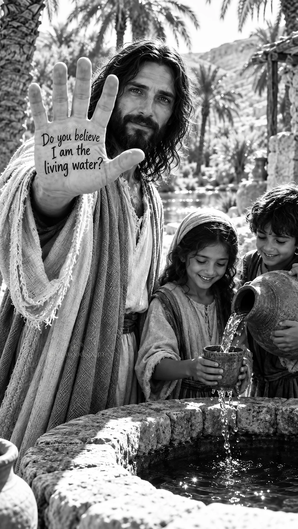 Jesus Christ shares the message of living water with children - AI-generated stock image