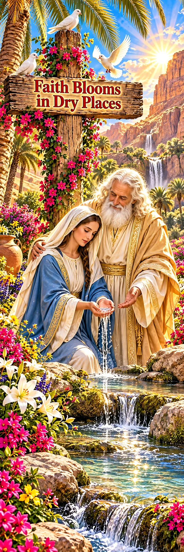 Jesus Christ shares a moment with a woman by a flowing stream - AI-generated stock image