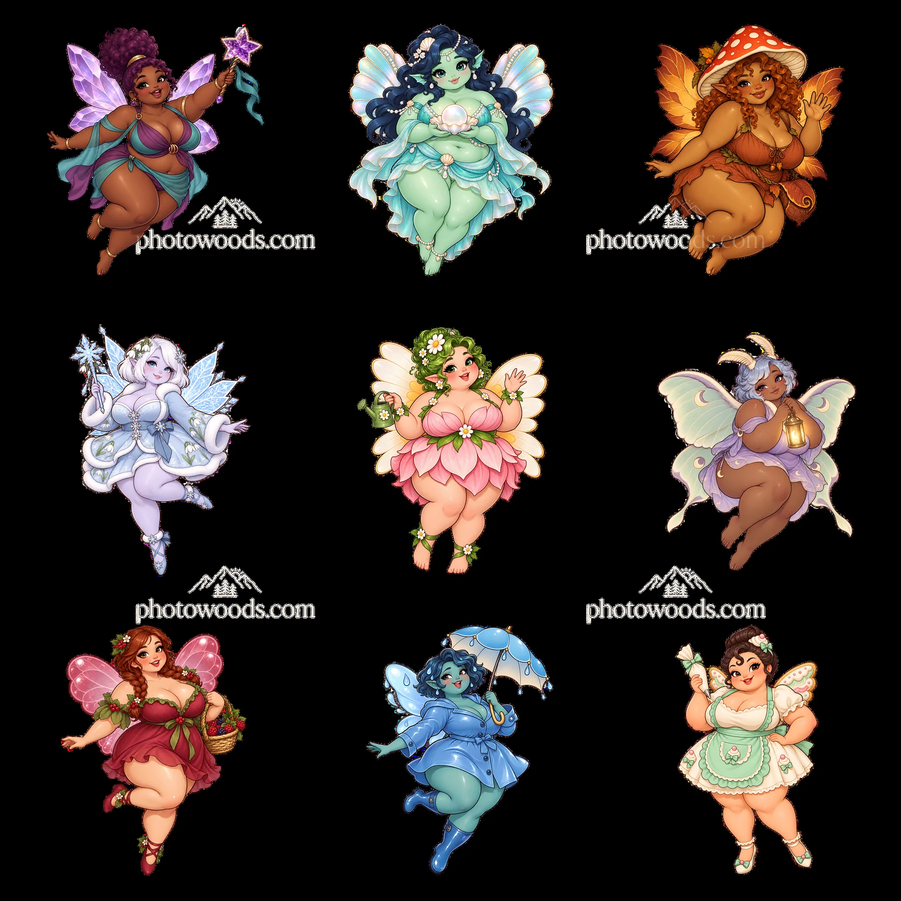 Kawaii ultra-fat fairy stickers in colorful 3x3 layout - AI-generated stock image