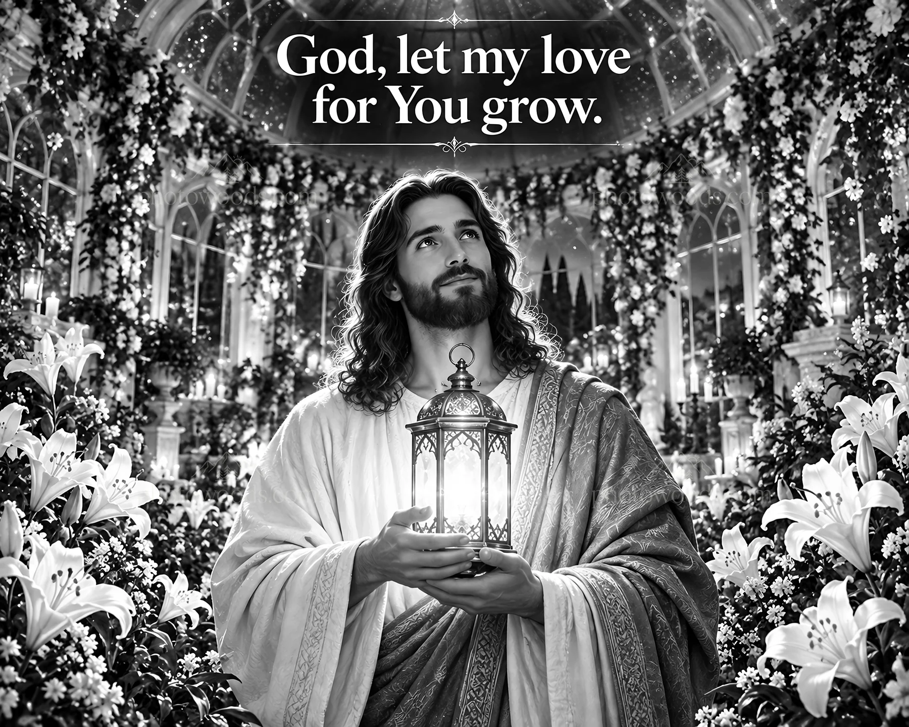 Jesus Christ holding a lantern and praying for love to grow - AI-generated stock image