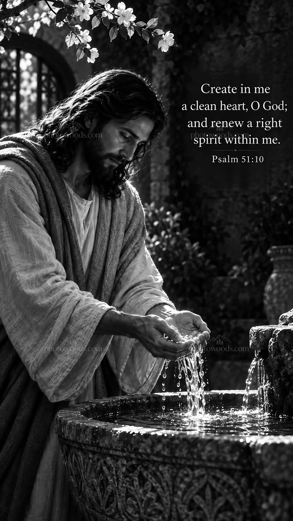 Jesus Christ washing hands at a fountain - AI-generated stock image