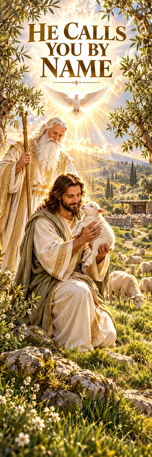 Jesus Christ holding a lamb in a peaceful pastoral setting - AI-generated stock image
