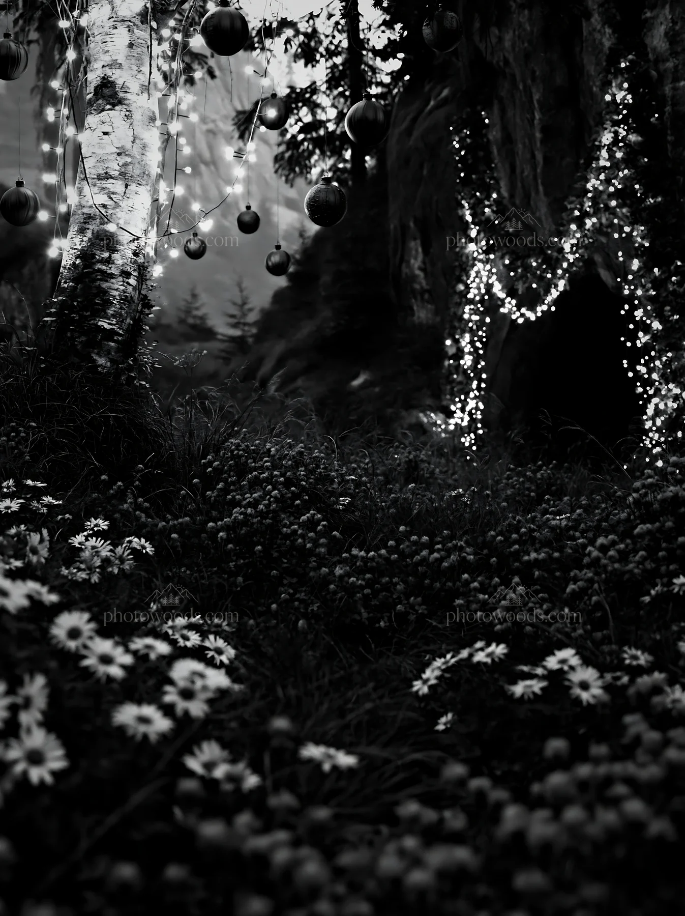 Christmas ornaments beside cave in meadow - AI-generated stock image