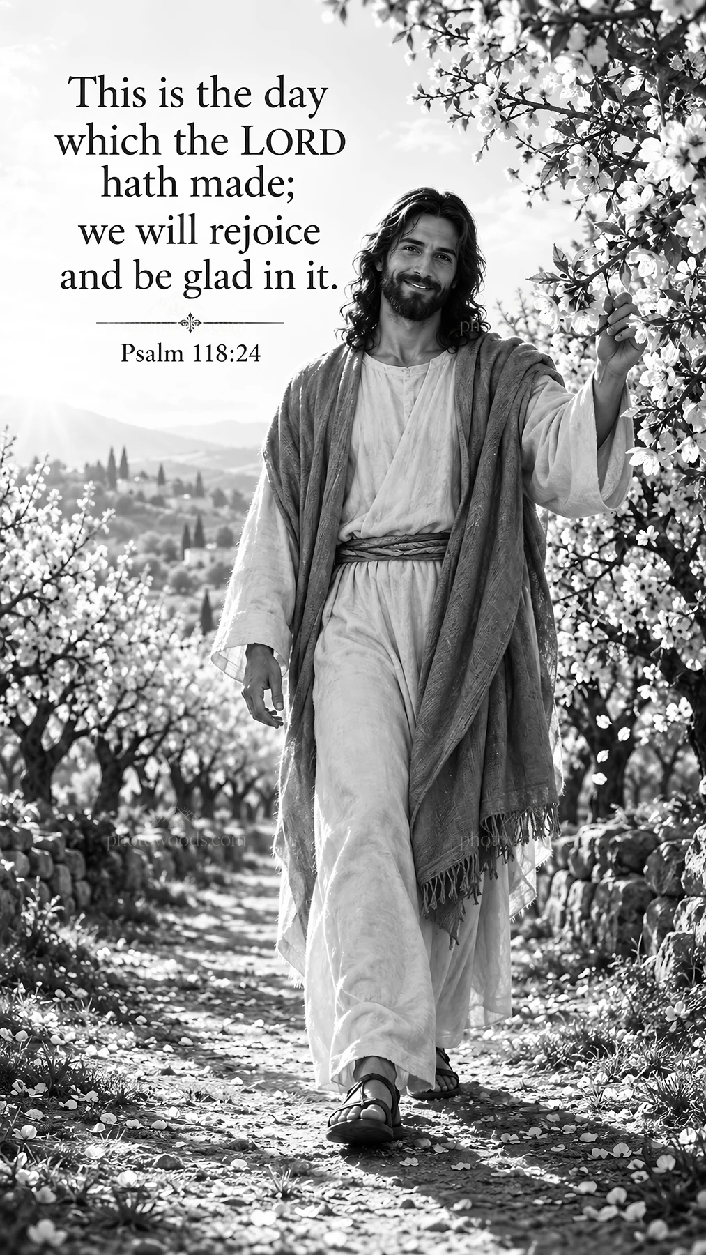 Jesus Christ walking in nature with a joyful message - AI-generated stock image