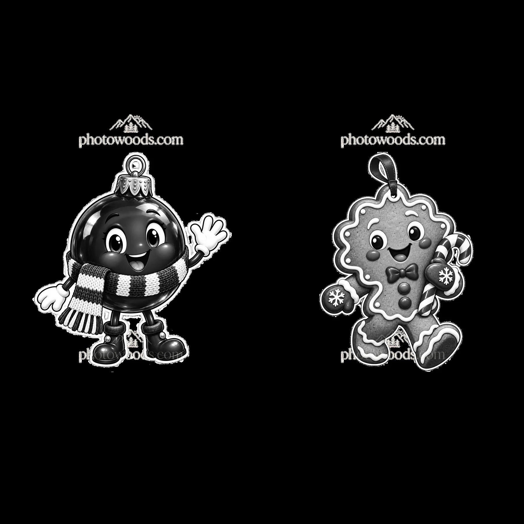 Cartoon Christmas ornament characters waving and smiling - AI-generated stock image