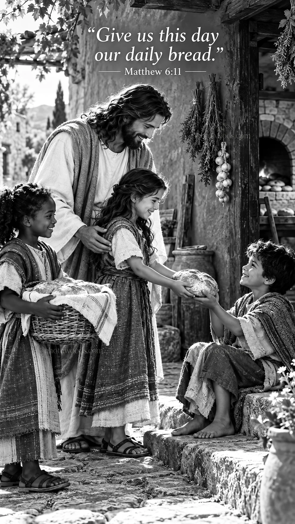 Jesus Christ shares bread with children - AI-generated stock image