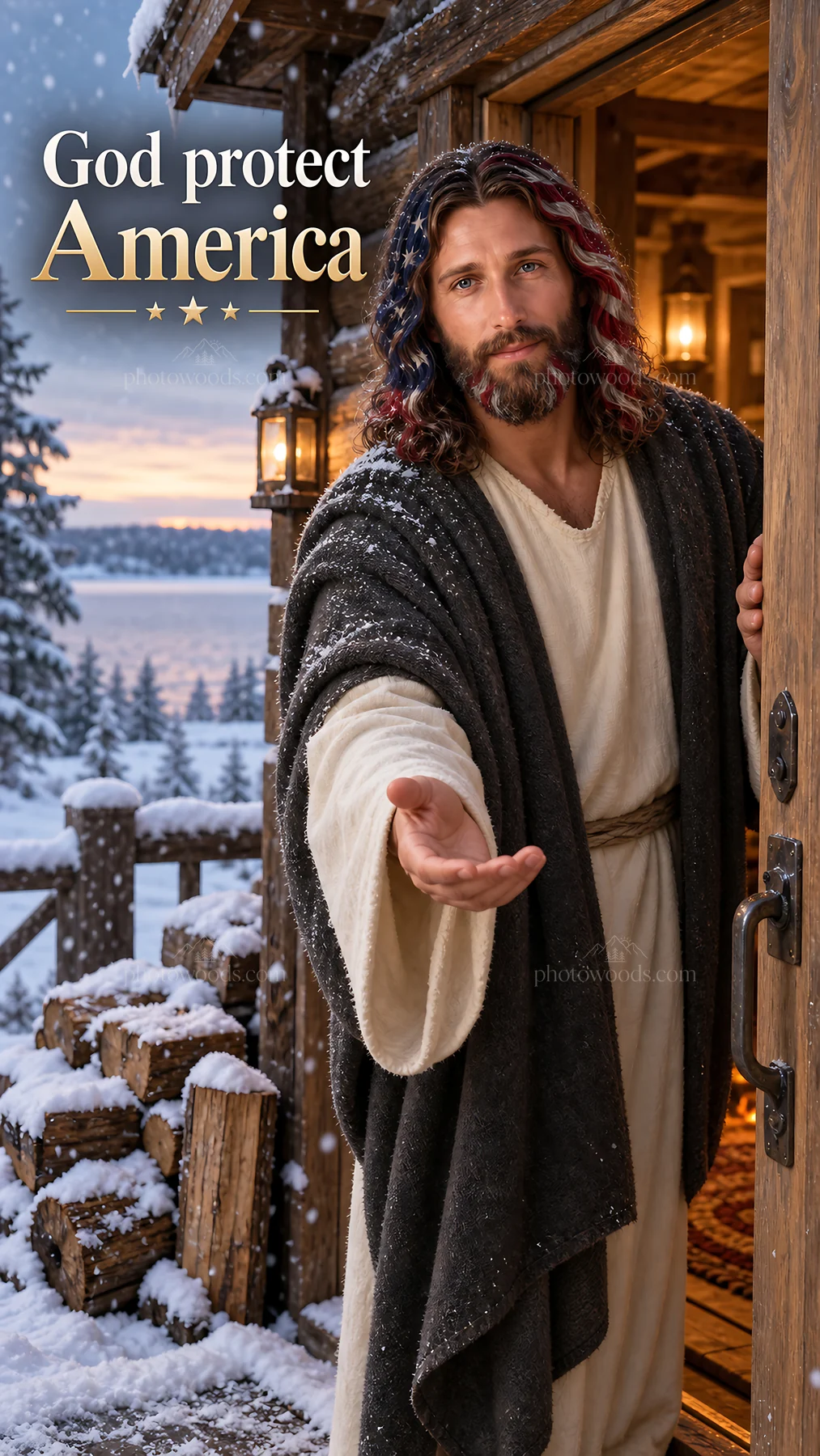 Jesus Christ reaches out in a snowy winter setting - AI-generated stock image