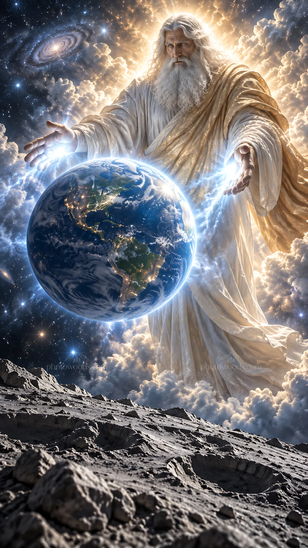Jesus Christ creating the world in a cosmic scene - AI-generated stock image