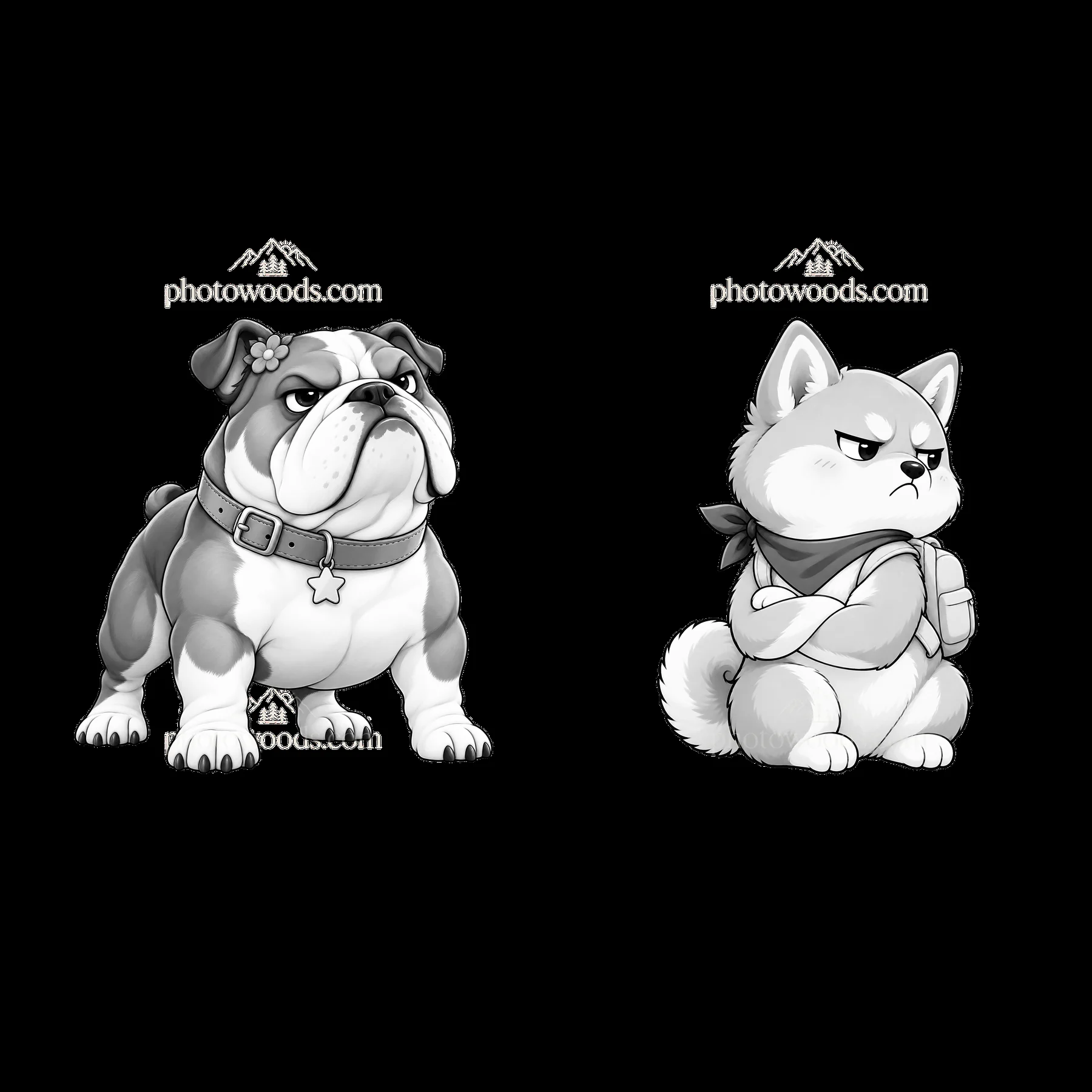 Kawaii grumpy dog pair with accessories in monochrome style - AI-generated stock image