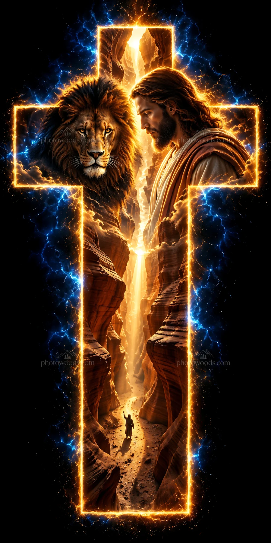 Jesus Christ stands beside a lion in a canyon with a cross - AI-generated stock image