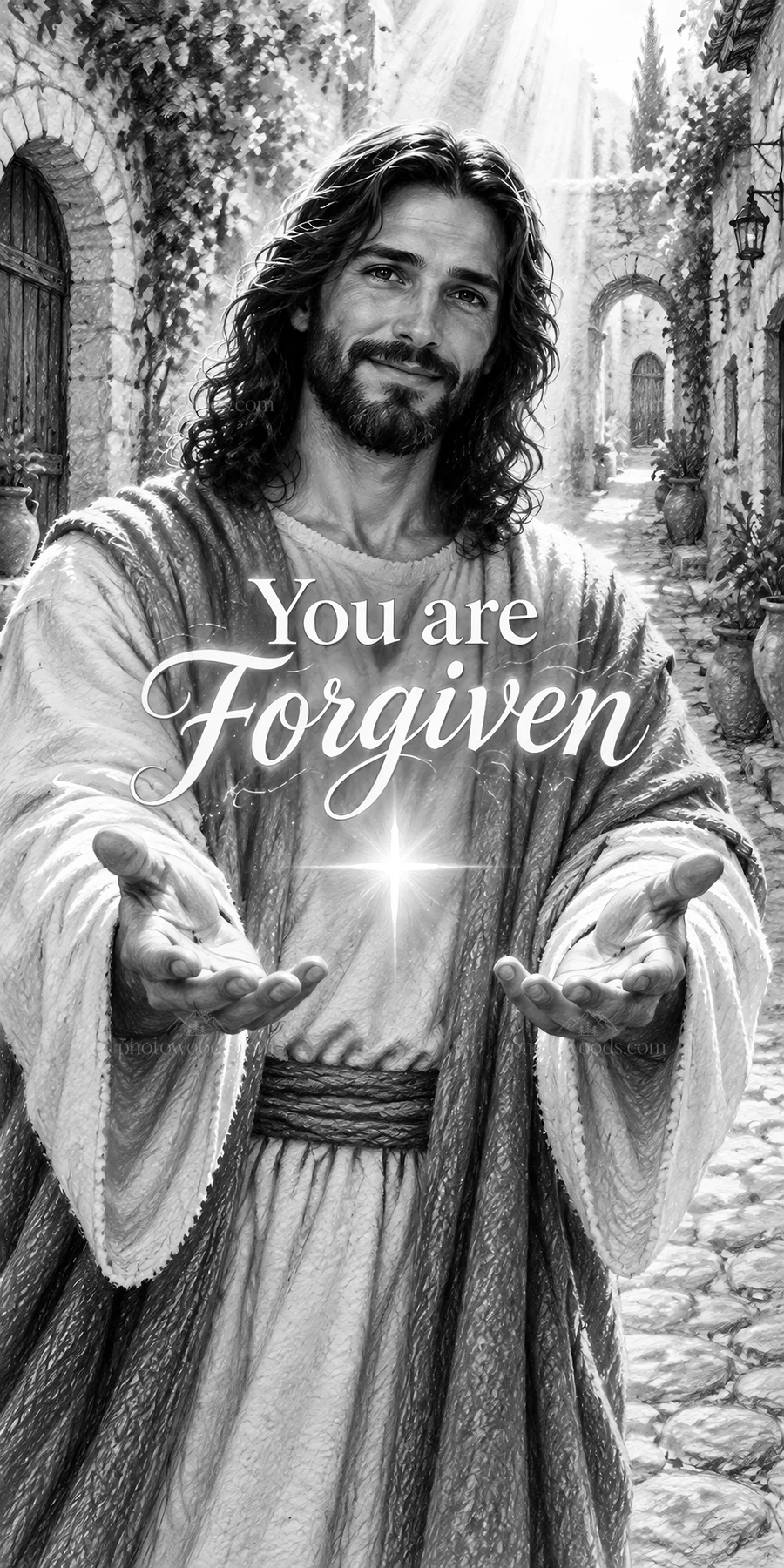 Jesus Christ welcoming with open arms and a message of forgiveness - AI-generated stock image