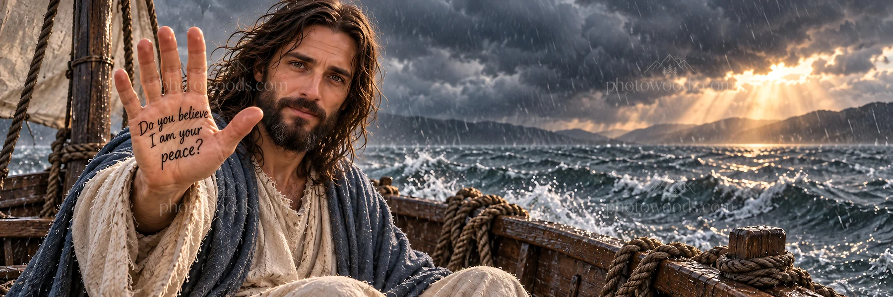 Jesus Christ calming the storm at sea - AI-generated stock image