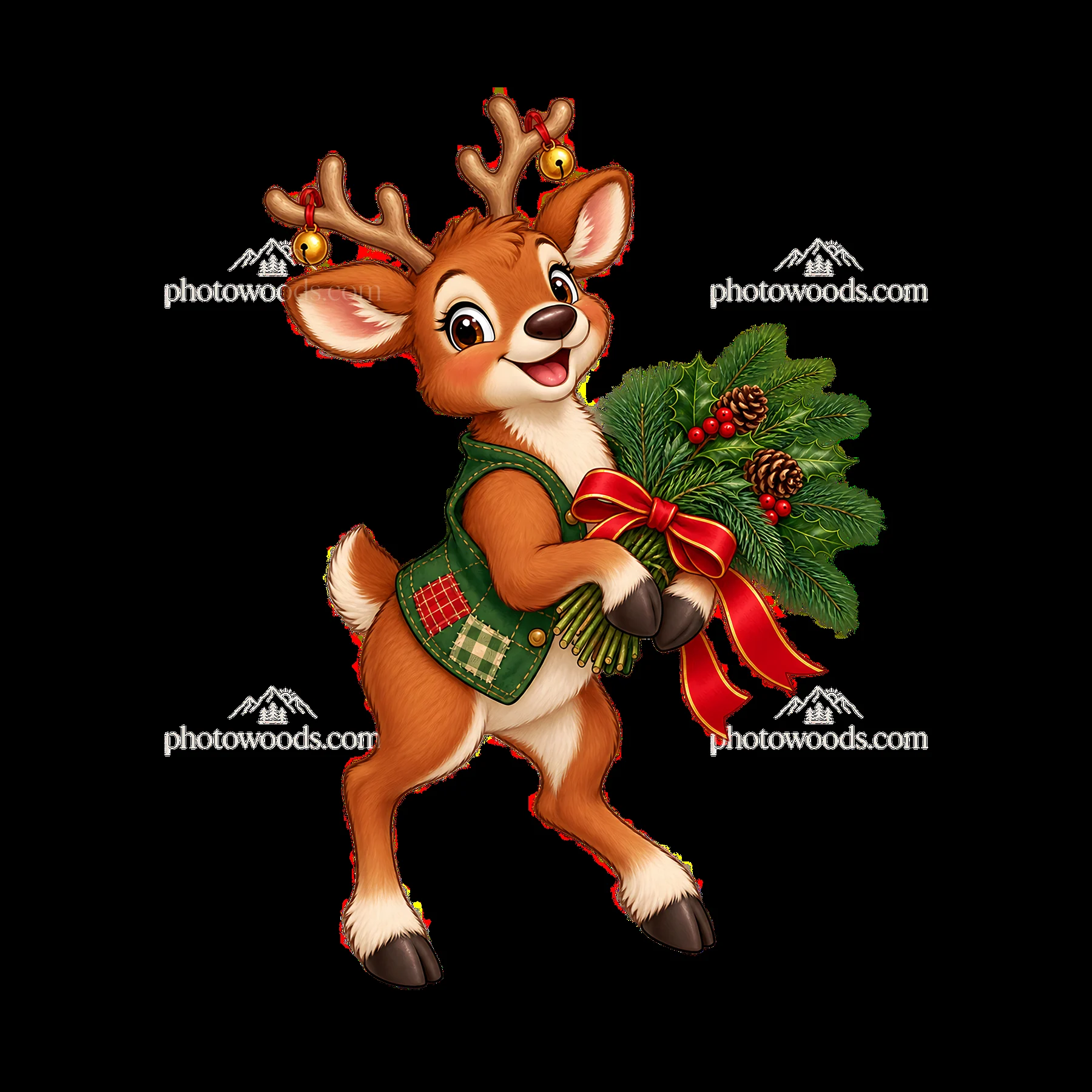 Reindeer holding festive bouquet with pinecones and ribbon - AI-generated stock image