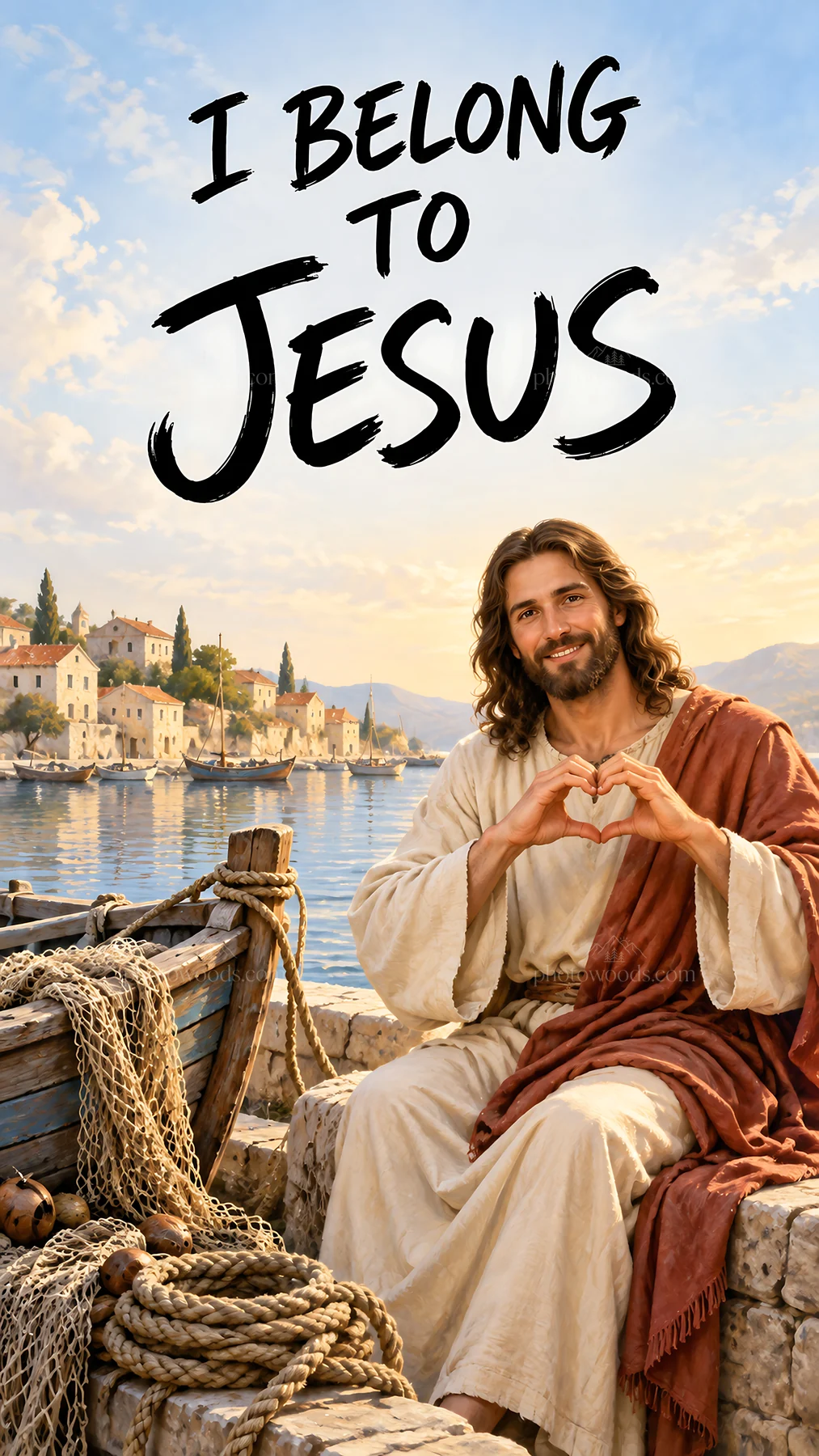 Jesus Christ making a heart gesture by the water - AI-generated stock image
