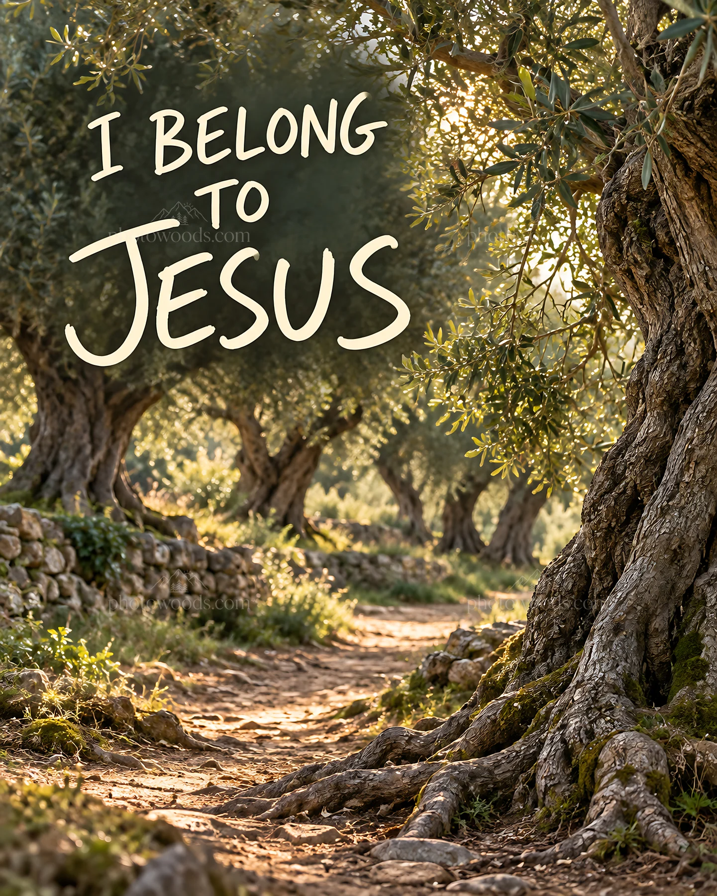 Jesus Christ walks through an olive grove - AI-generated stock image