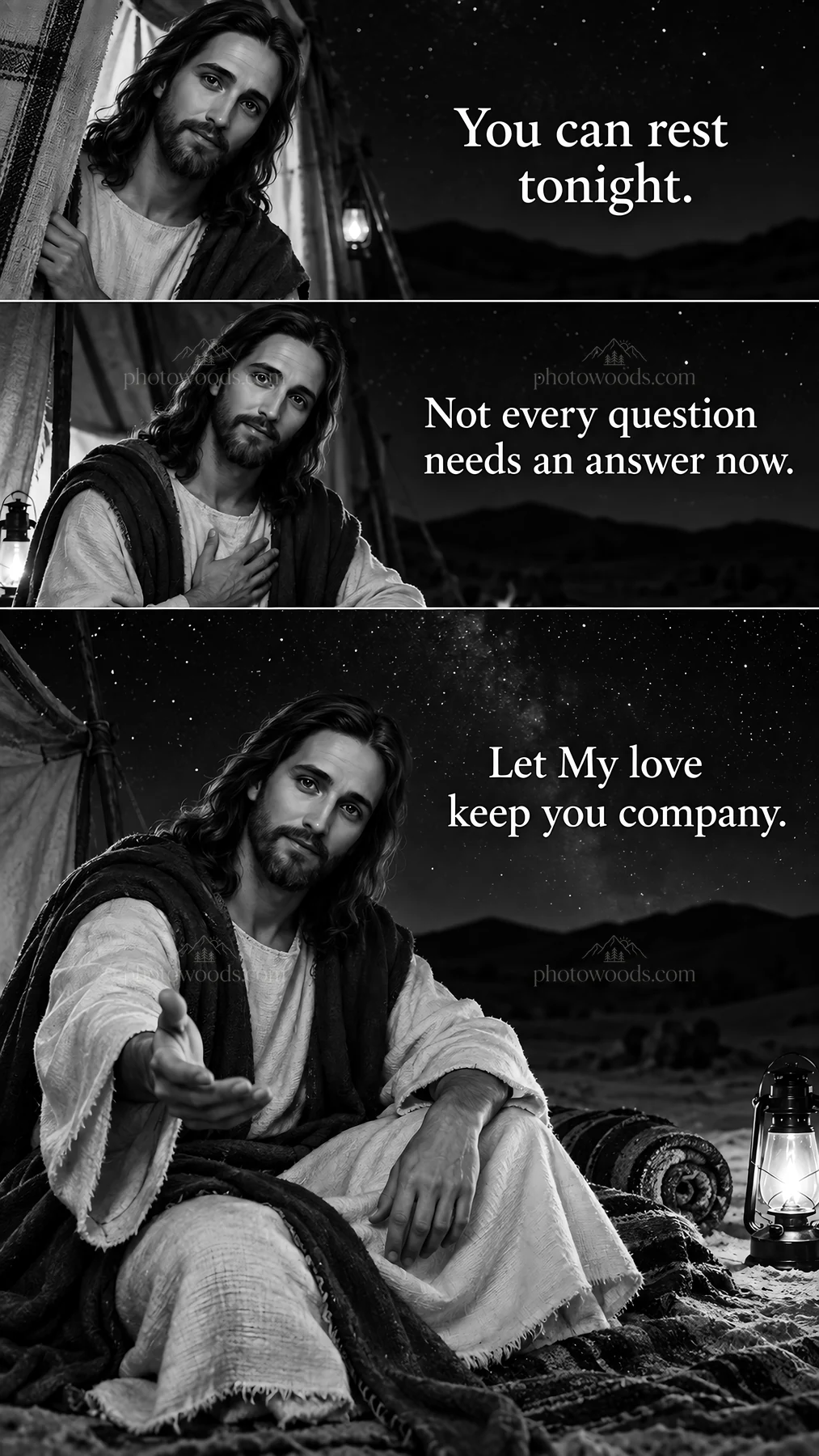 Jesus Christ offers comfort and reassurance in the night - AI-generated stock image