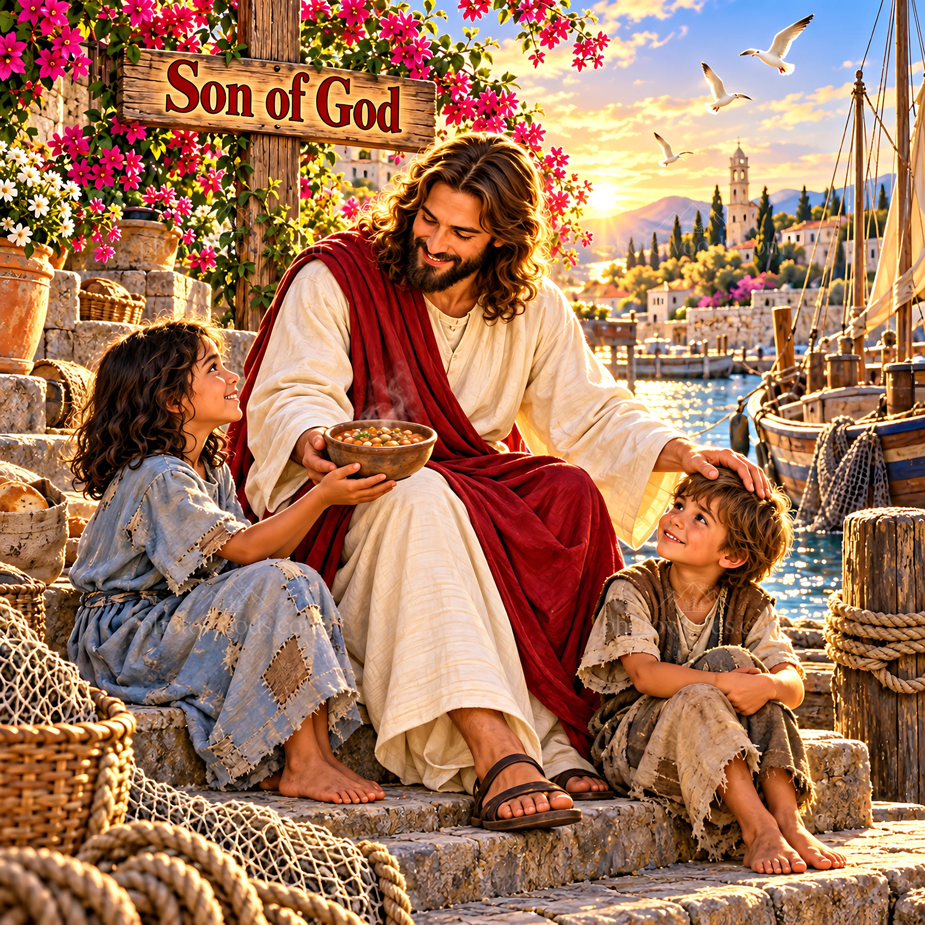 Jesus Christ sharing a meal with children by the water - AI-generated stock image