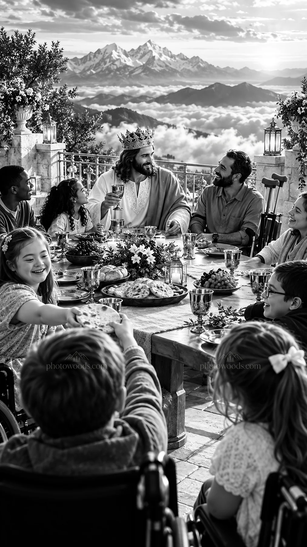 Jesus Christ sharing a meal with diverse individuals - AI-generated stock image
