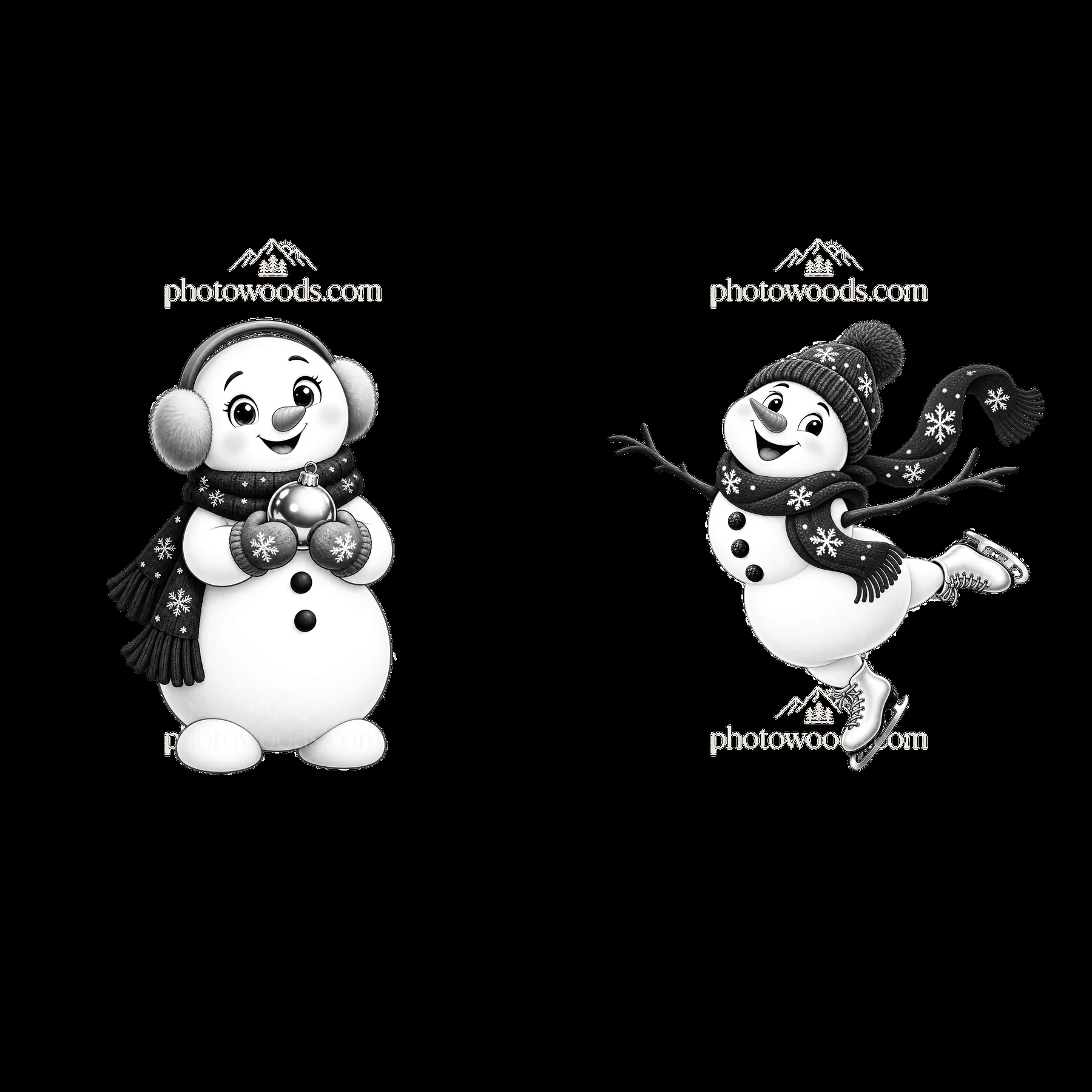 Snowman with scarf and earmuffs holding a bauble and skating - AI-generated stock image