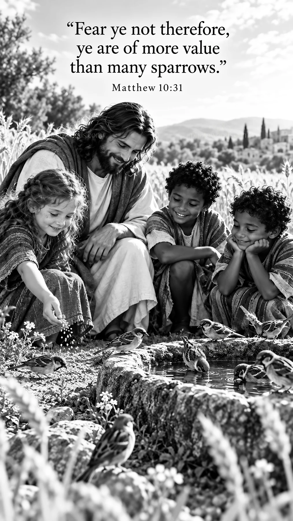 Jesus Christ sharing joy with children and nature - AI-generated stock image