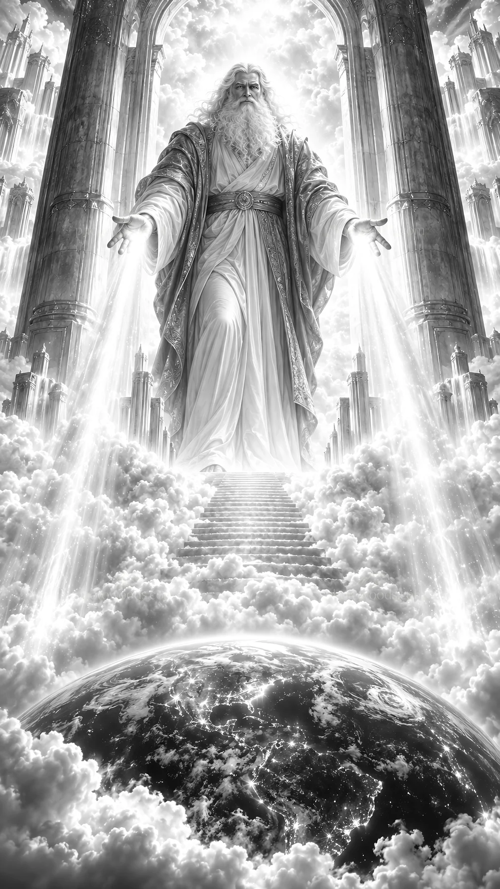 Jesus Christ standing in light with arms open to the world - AI-generated stock image