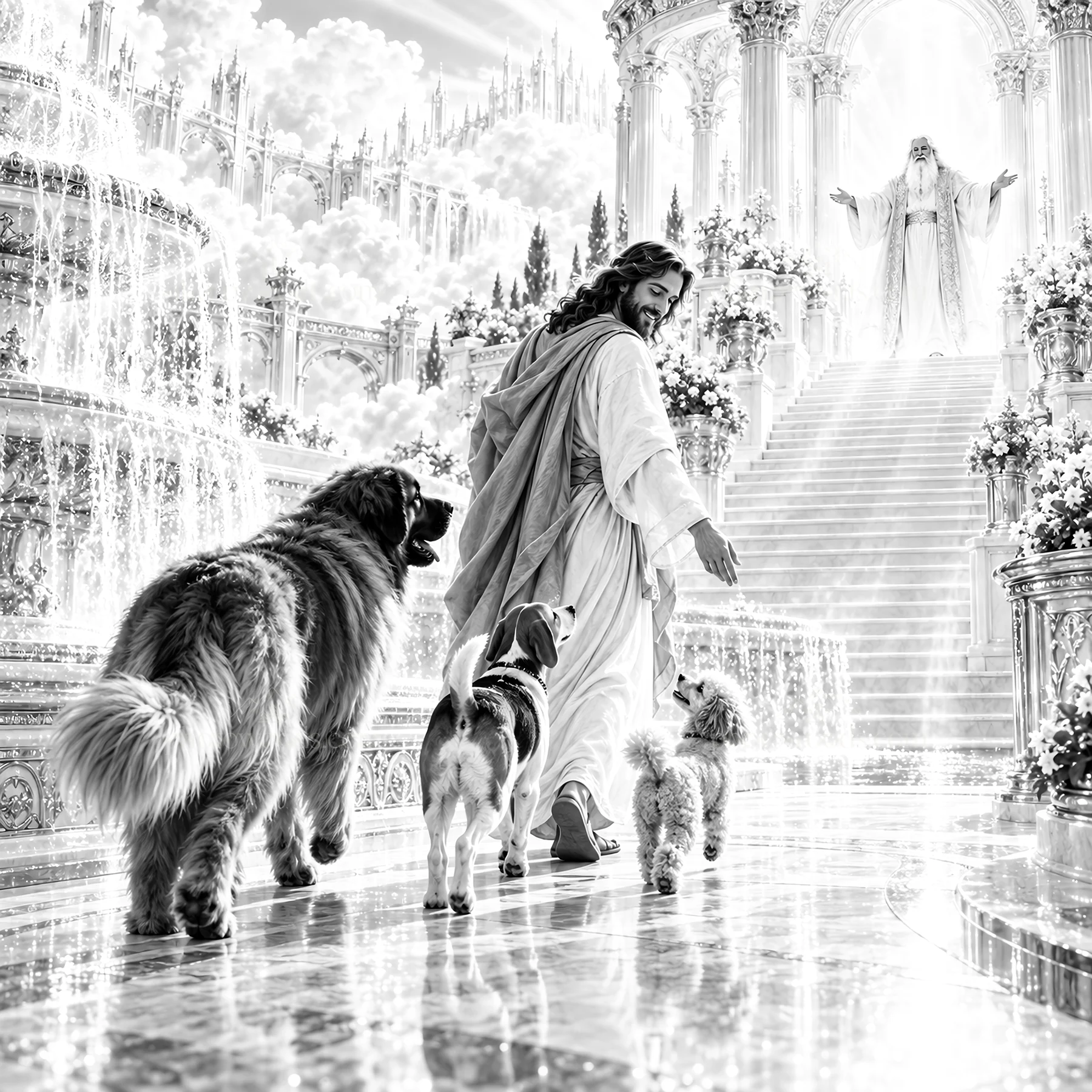 Jesus Christ walking with dogs in a heavenly setting - AI-generated stock image