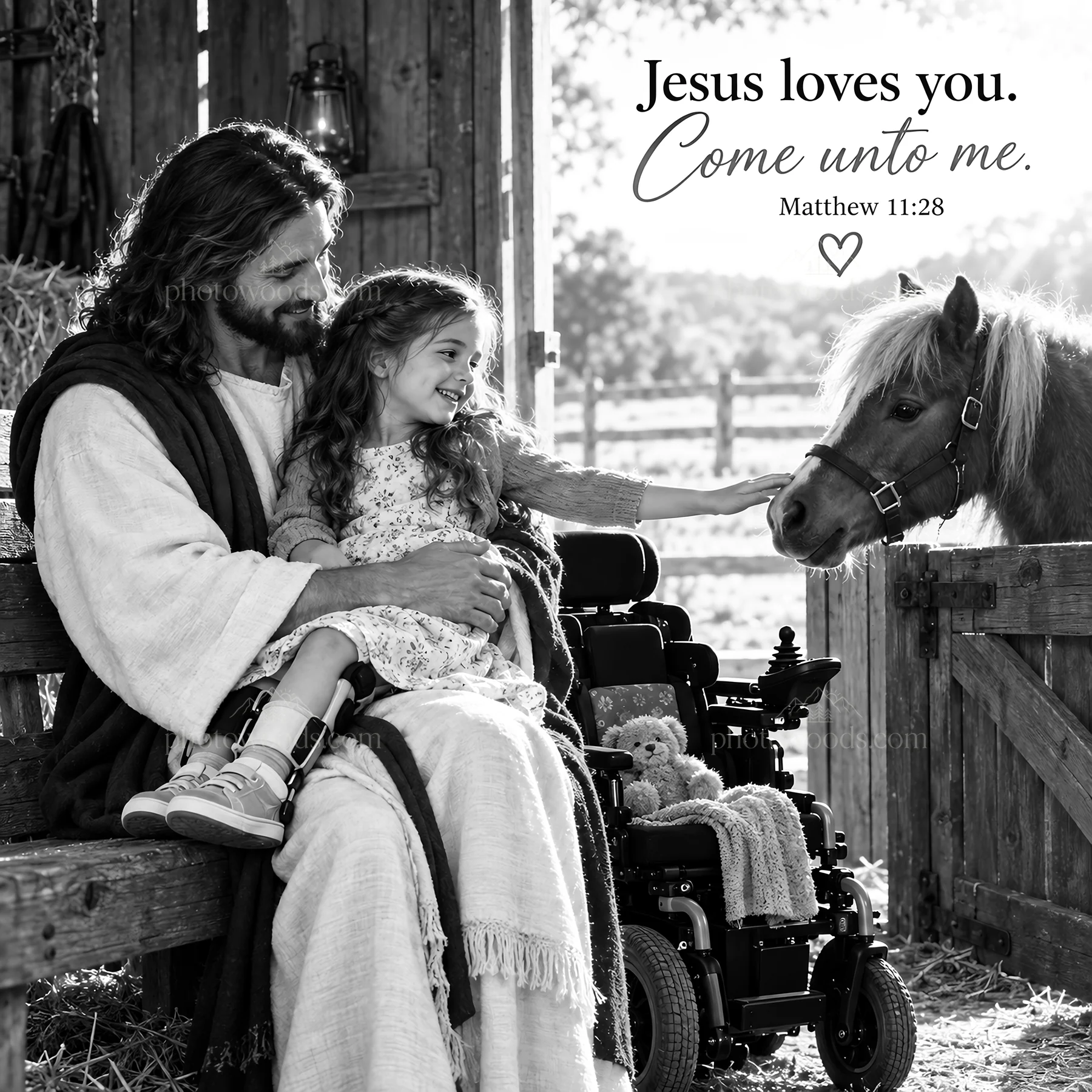Jesus Christ comforts a girl in a wheelchair with a pony - AI-generated stock image