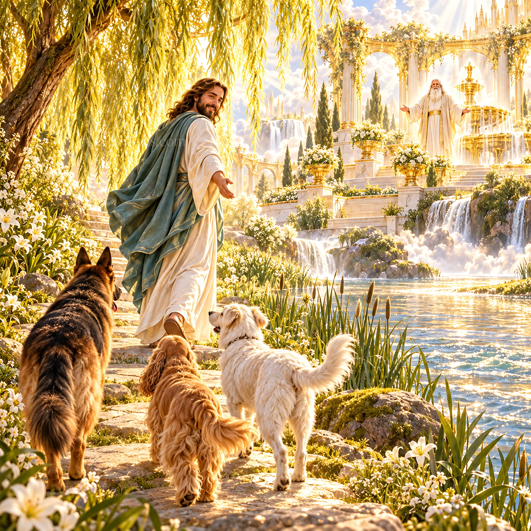 Jesus Christ walking with dogs by serene waters and gardens - AI-generated stock image