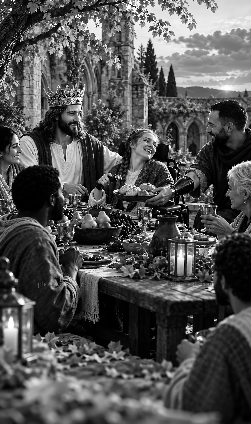 Jesus Christ sharing a meal with followers at a gathering - AI-generated stock image
