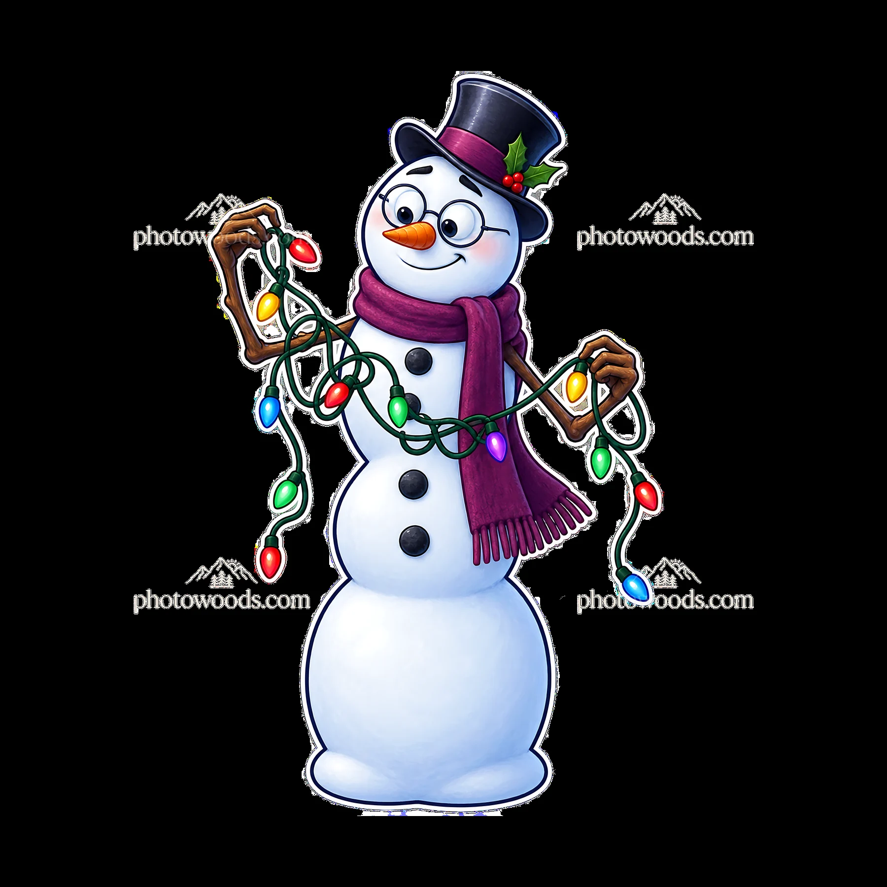 Snowman holding colorful string lights in winter attire - AI-generated stock image