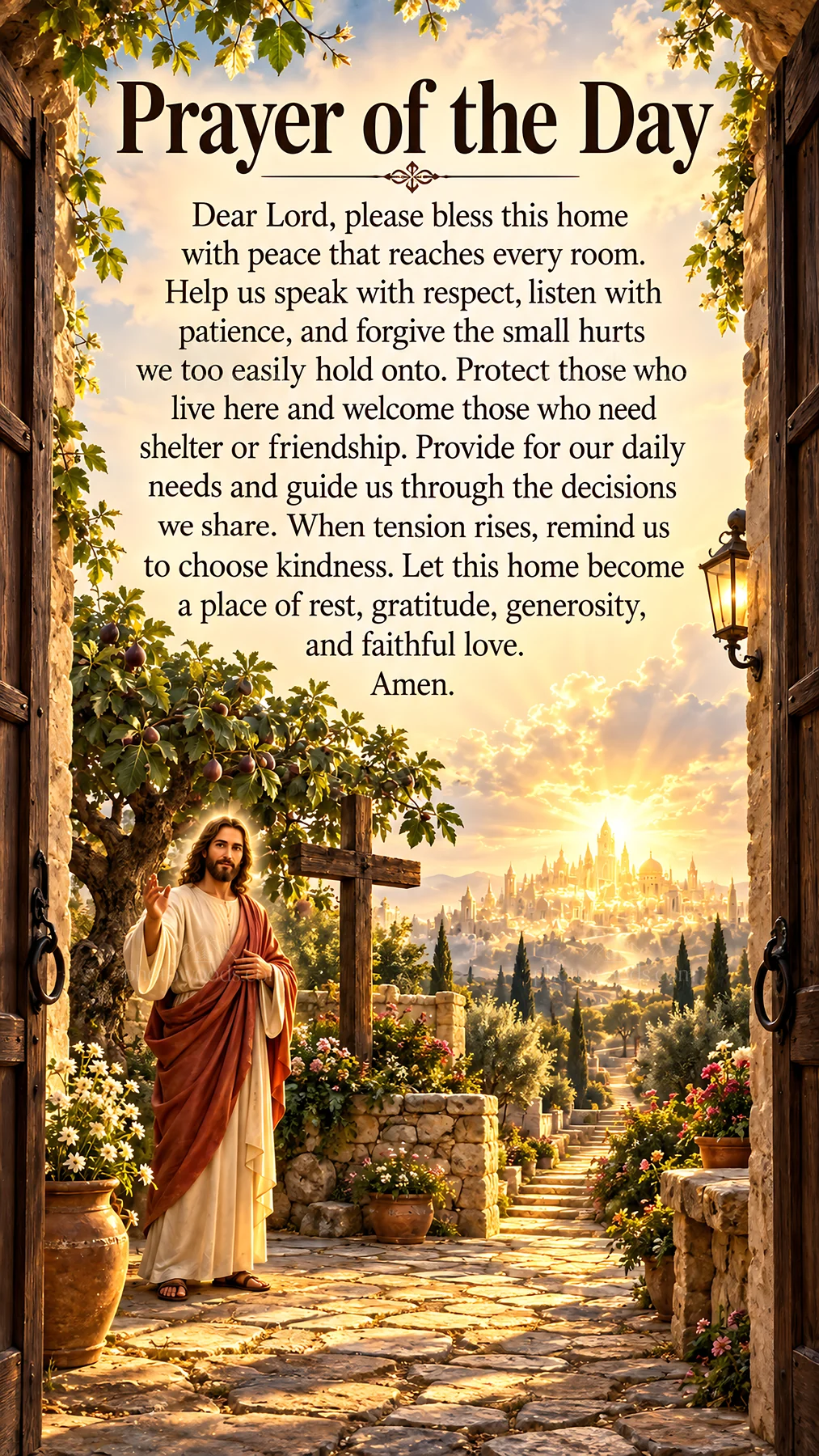 Jesus Christ welcoming viewers in a peaceful garden setting - AI-generated stock image