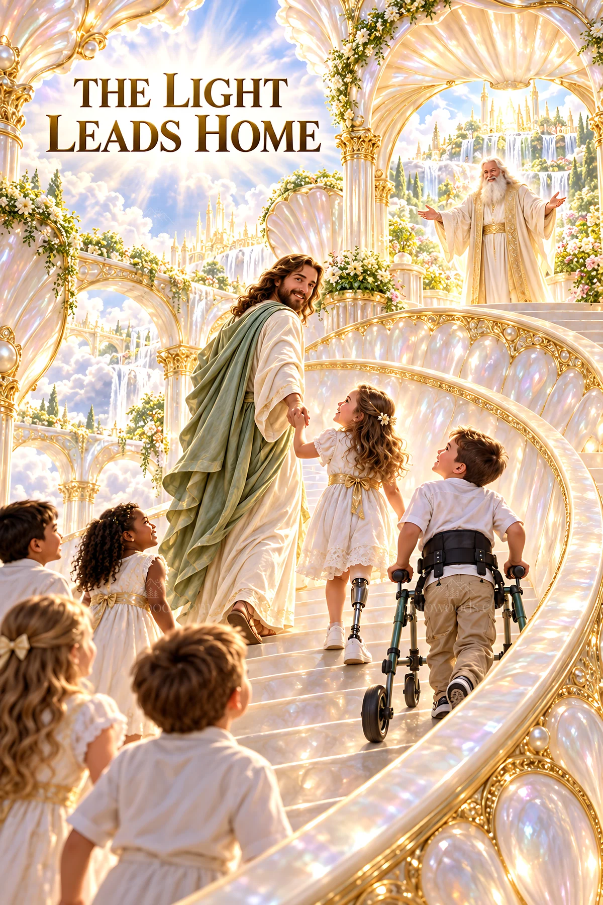 Jesus Christ guiding children on a path to light - AI-generated stock image