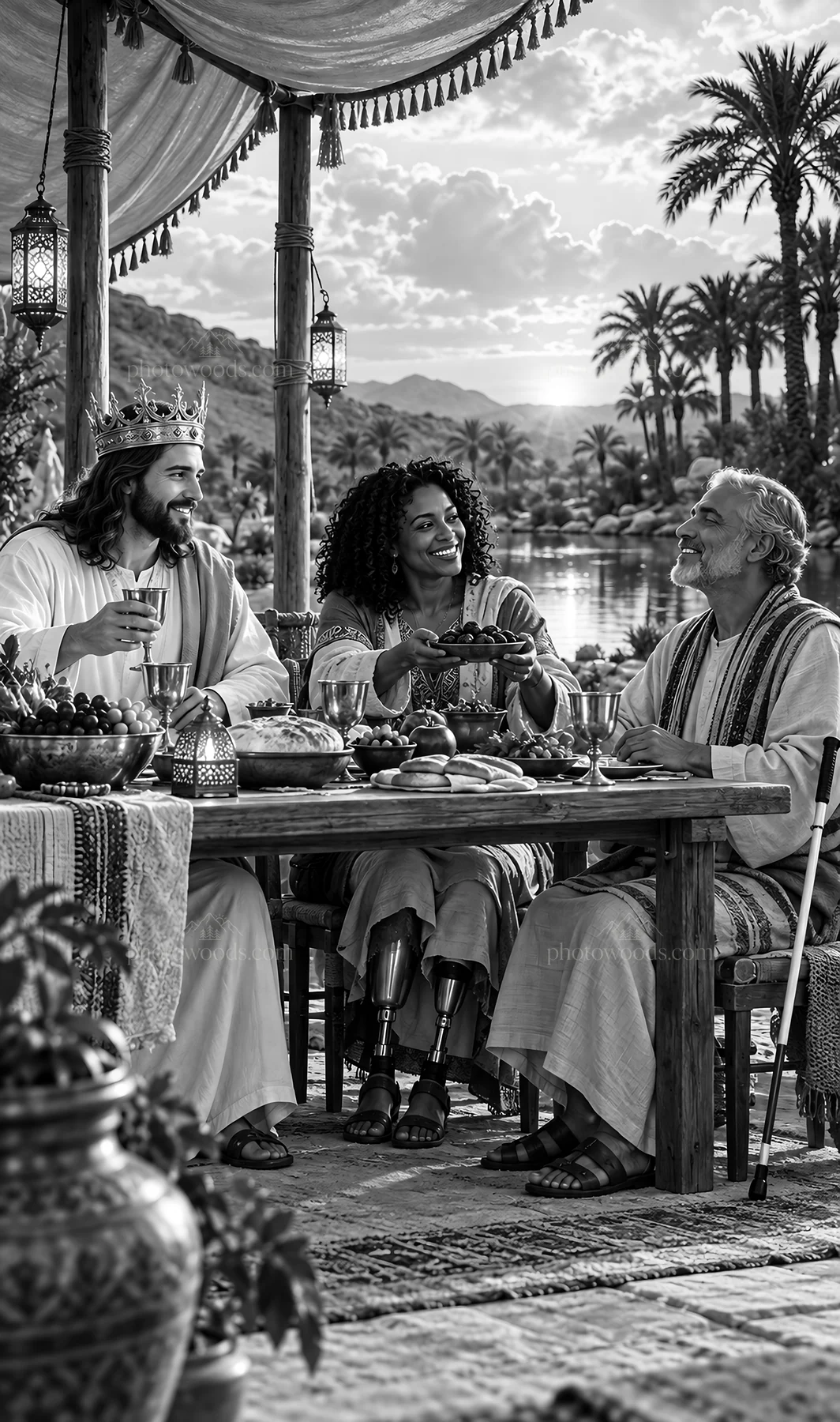Jesus Christ sharing a meal with friends by the water - AI-generated stock image