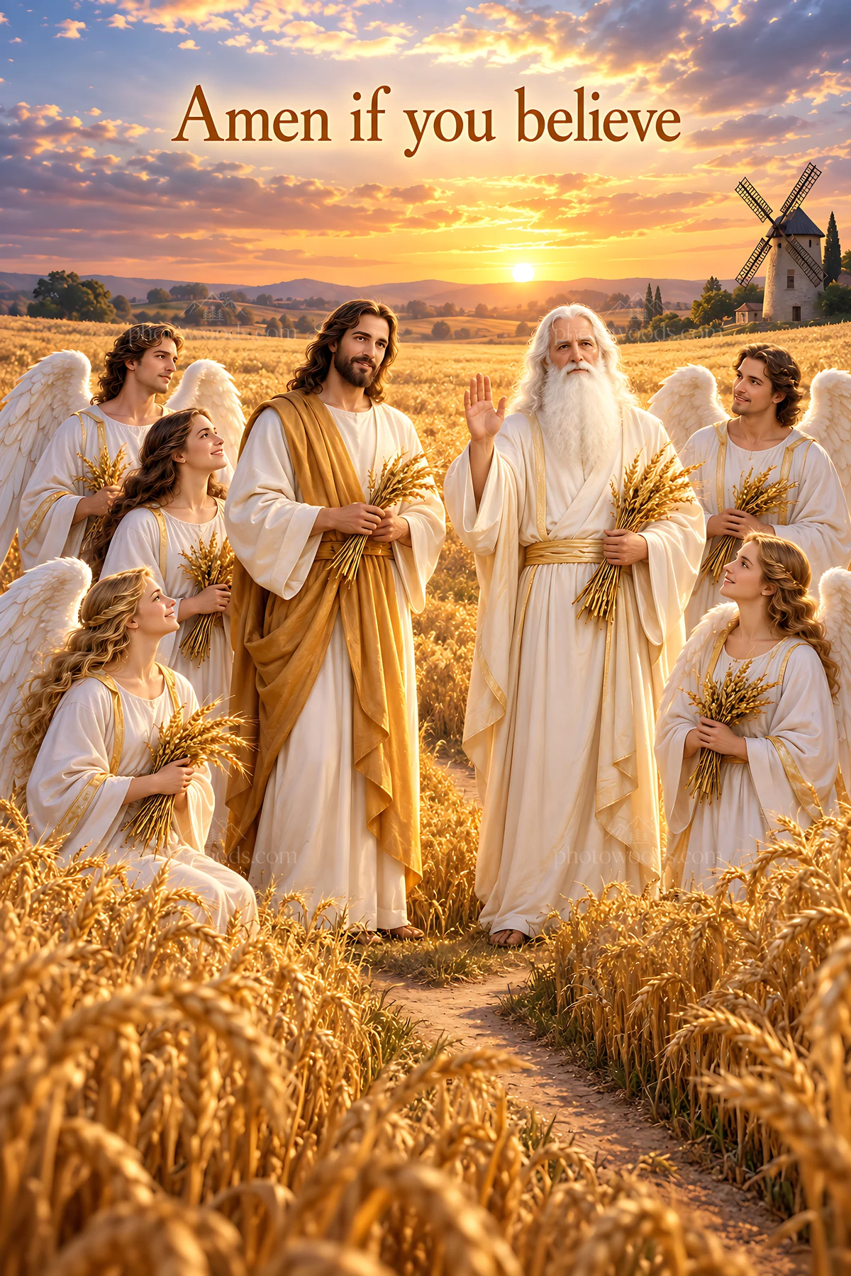Blessing the harvest with figures in a golden field - AI-generated stock image
