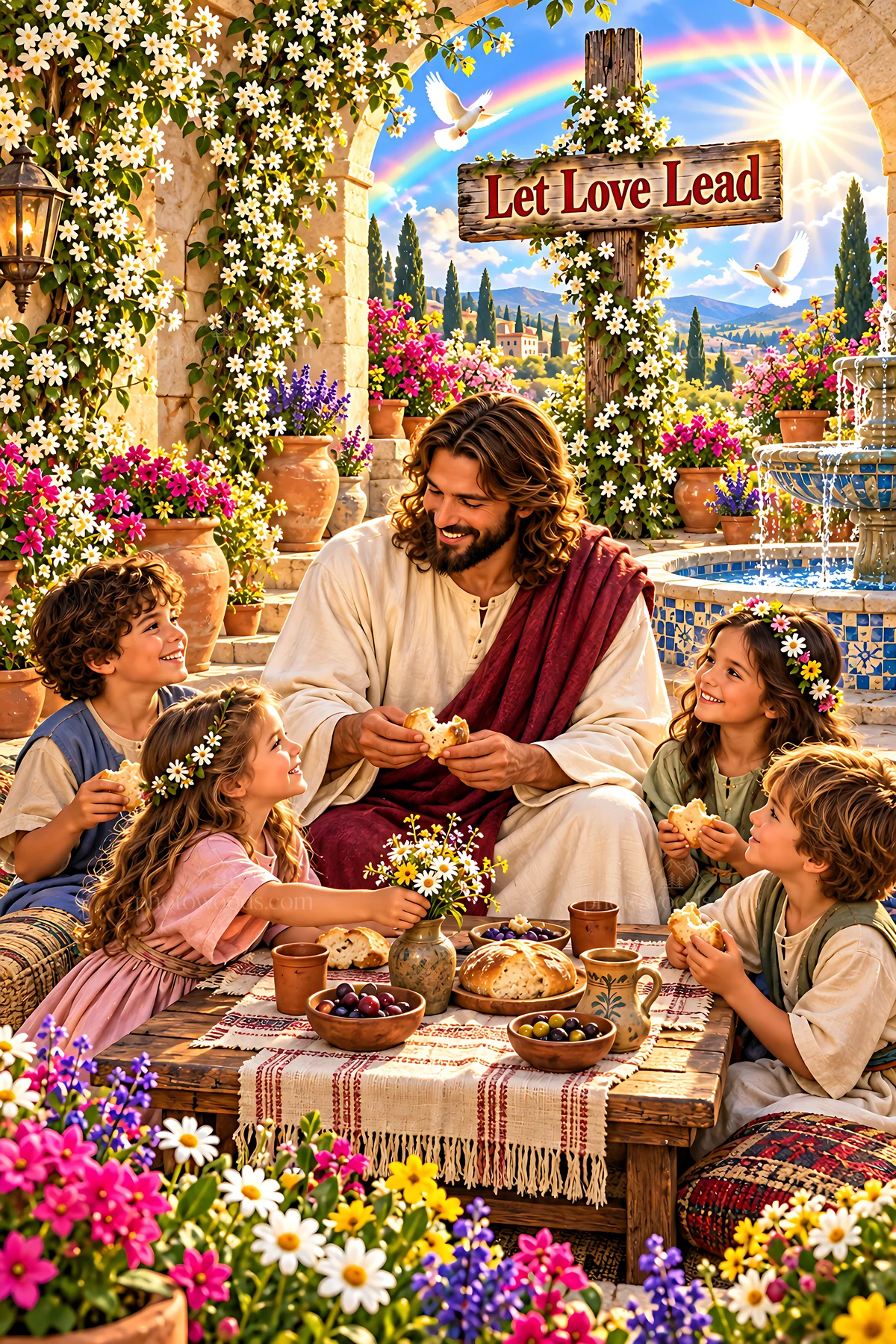 Grace in the courtyard with children enjoying food - AI-generated stock image