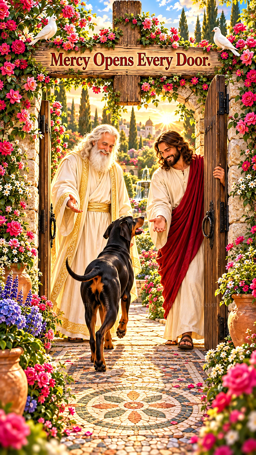 Jesus Christ welcomes a dog into a beautiful garden - AI-generated stock image