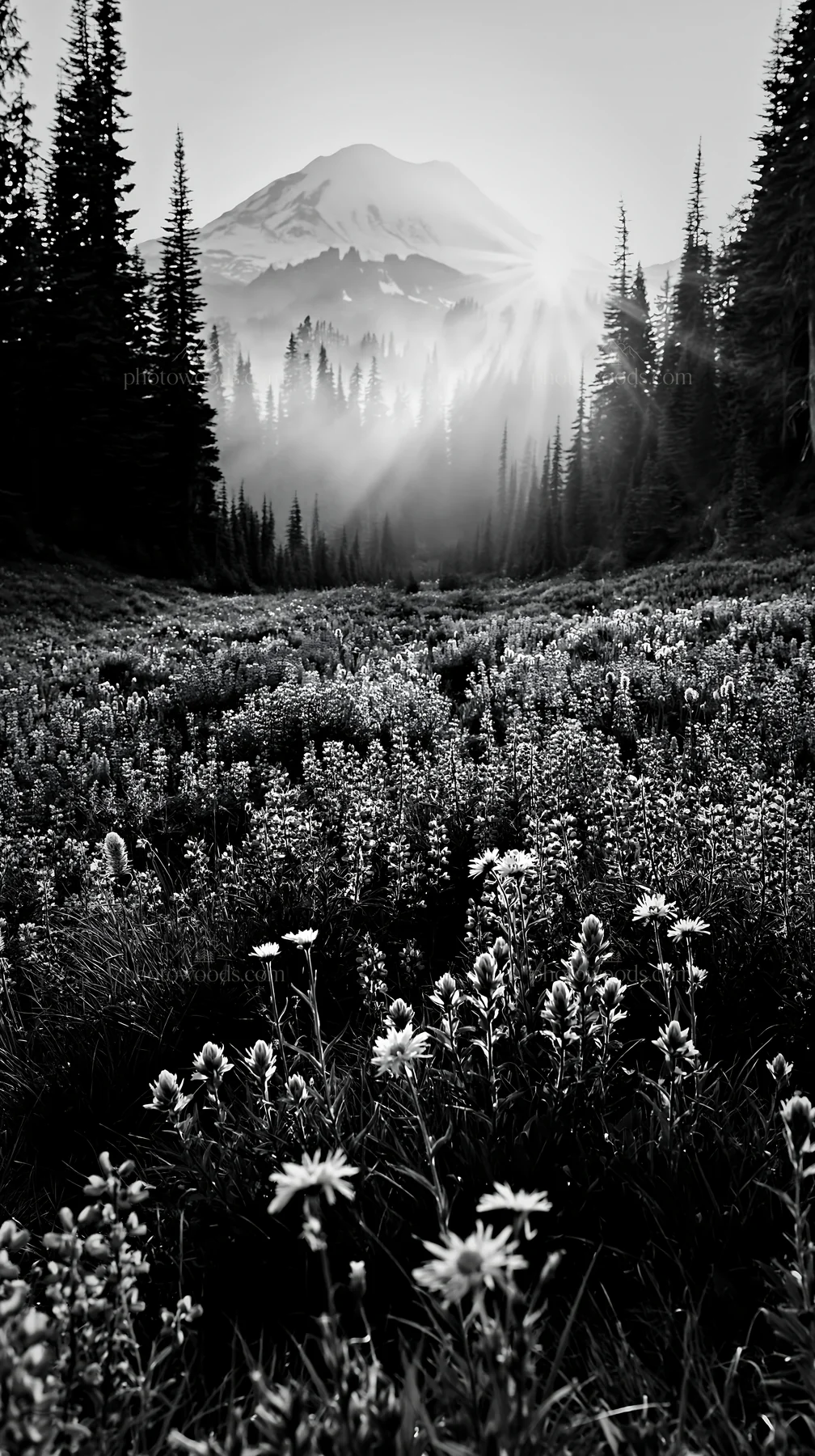 Wildflower meadow at Mount Rainier during sunrise - AI-generated stock image