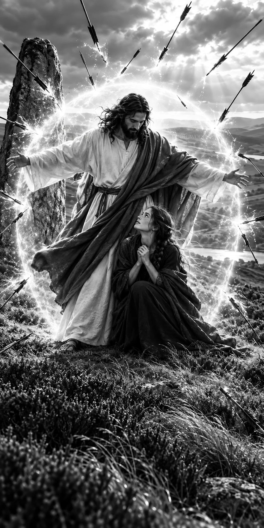 Jesus Christ comforts a suffering person in a dramatic scene - AI-generated stock image