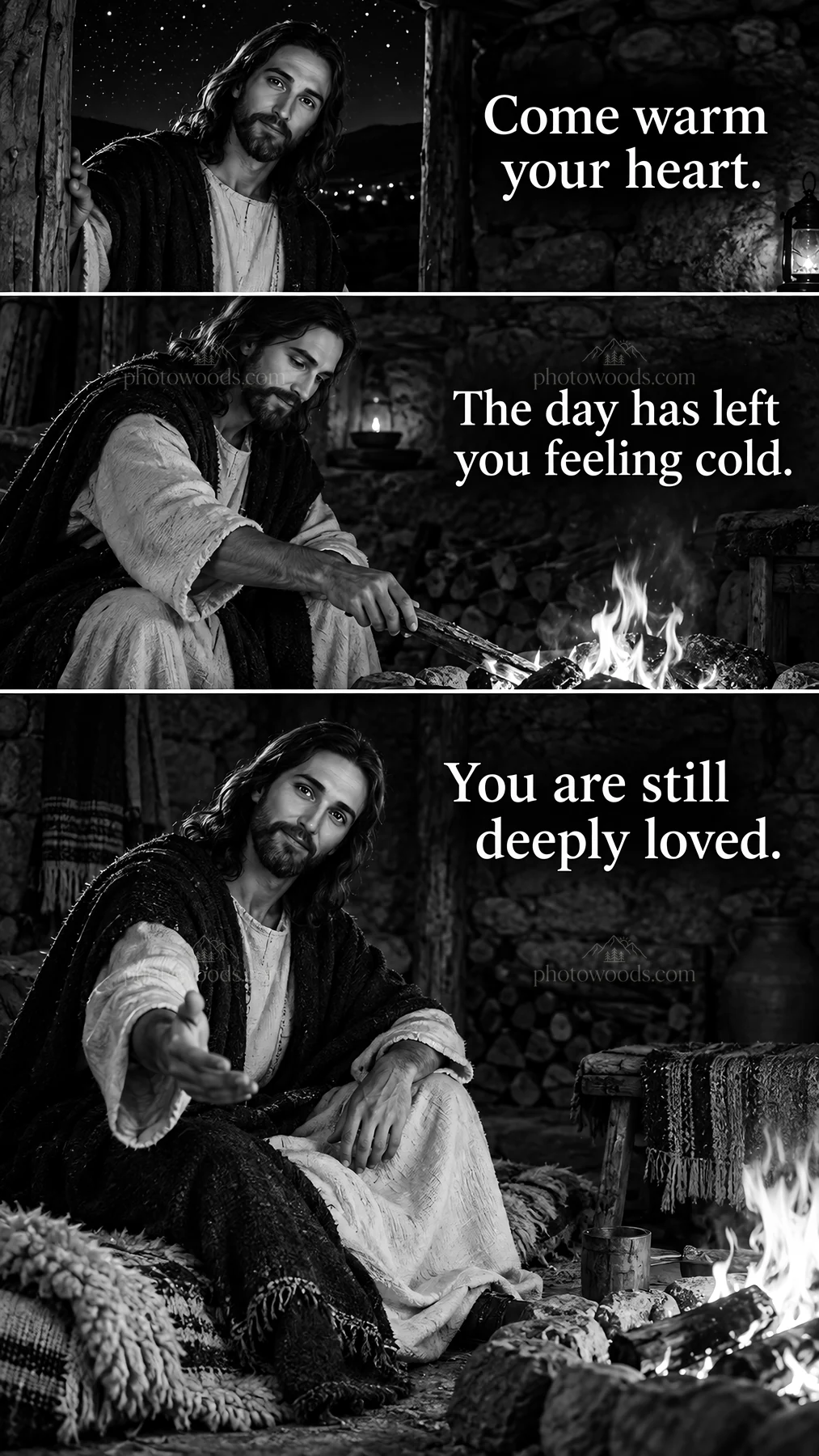 Jesus Christ inviting to warm hearts by the fire - AI-generated stock image
