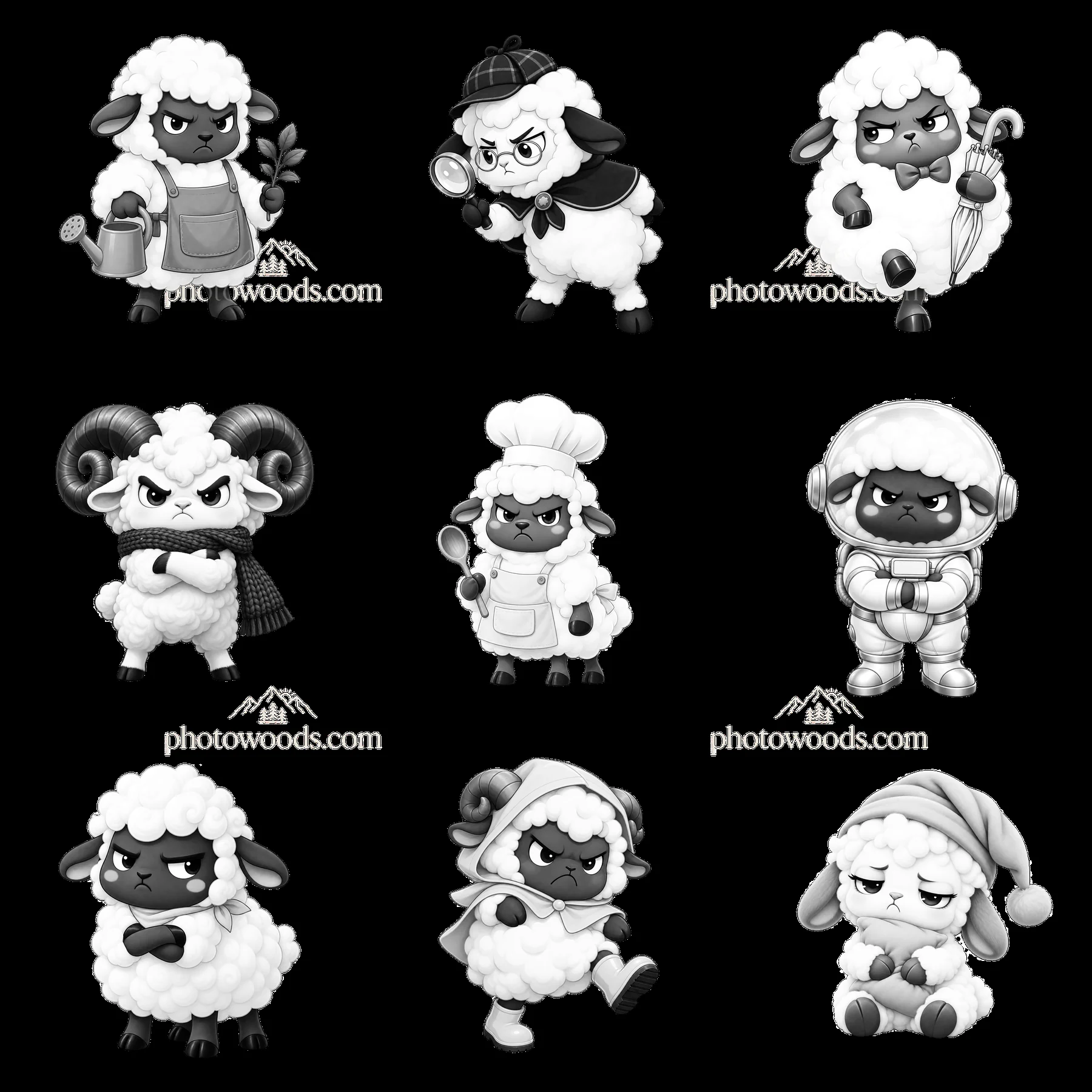Kawaii grumpy sheep in various poses and outfits in a square layout - AI-generated stock image