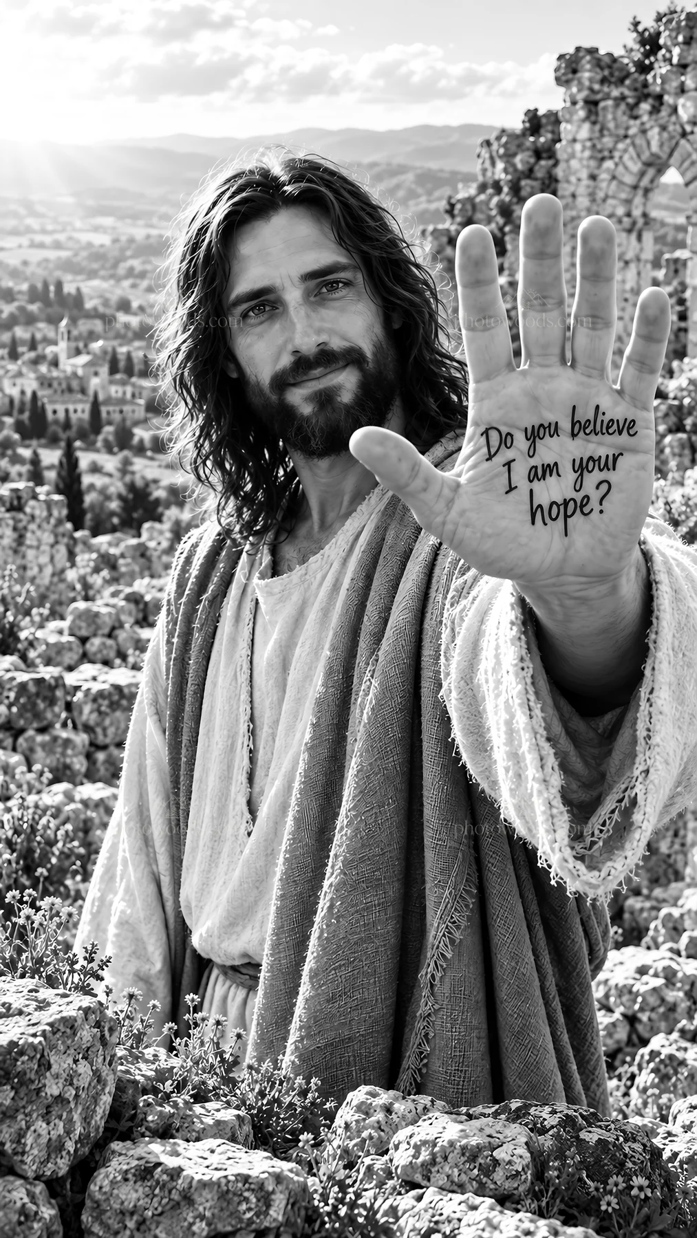 Jesus Christ offers hope with an open hand - AI-generated stock image